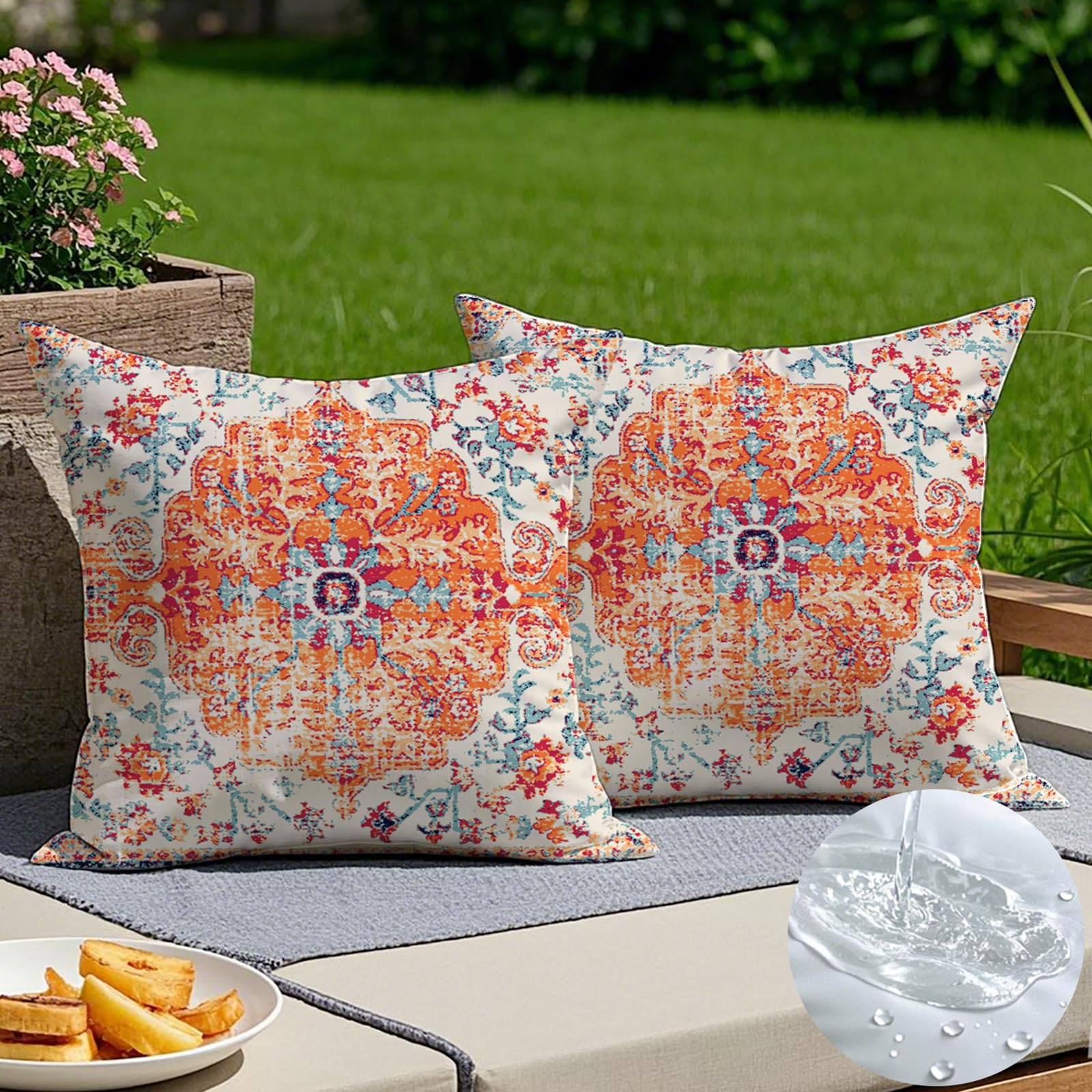 Vorysum 2er Set Outdoor Kissenbezug 50 x 50 cm Boho Wetterfest Kissenbezüge Abstrakte Deko Kissen Vintage Rot Sommer Kissenhülle Muster Kissen für Garten Sofa Bett Dekorative Kissenhüllen Küche, Haushalt & Wohnen