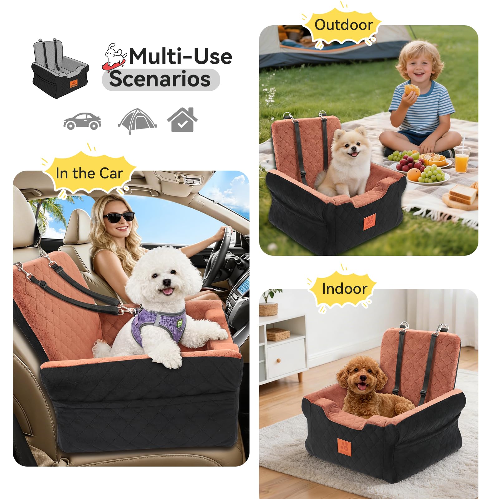 GL GLENSLAVE Asientos de coche para perros pequeños y medianos, asiento elevado de espuma viscoelástica para perros, asiento de coche desmontable lavable para mascotas con cinturones de seguridad y