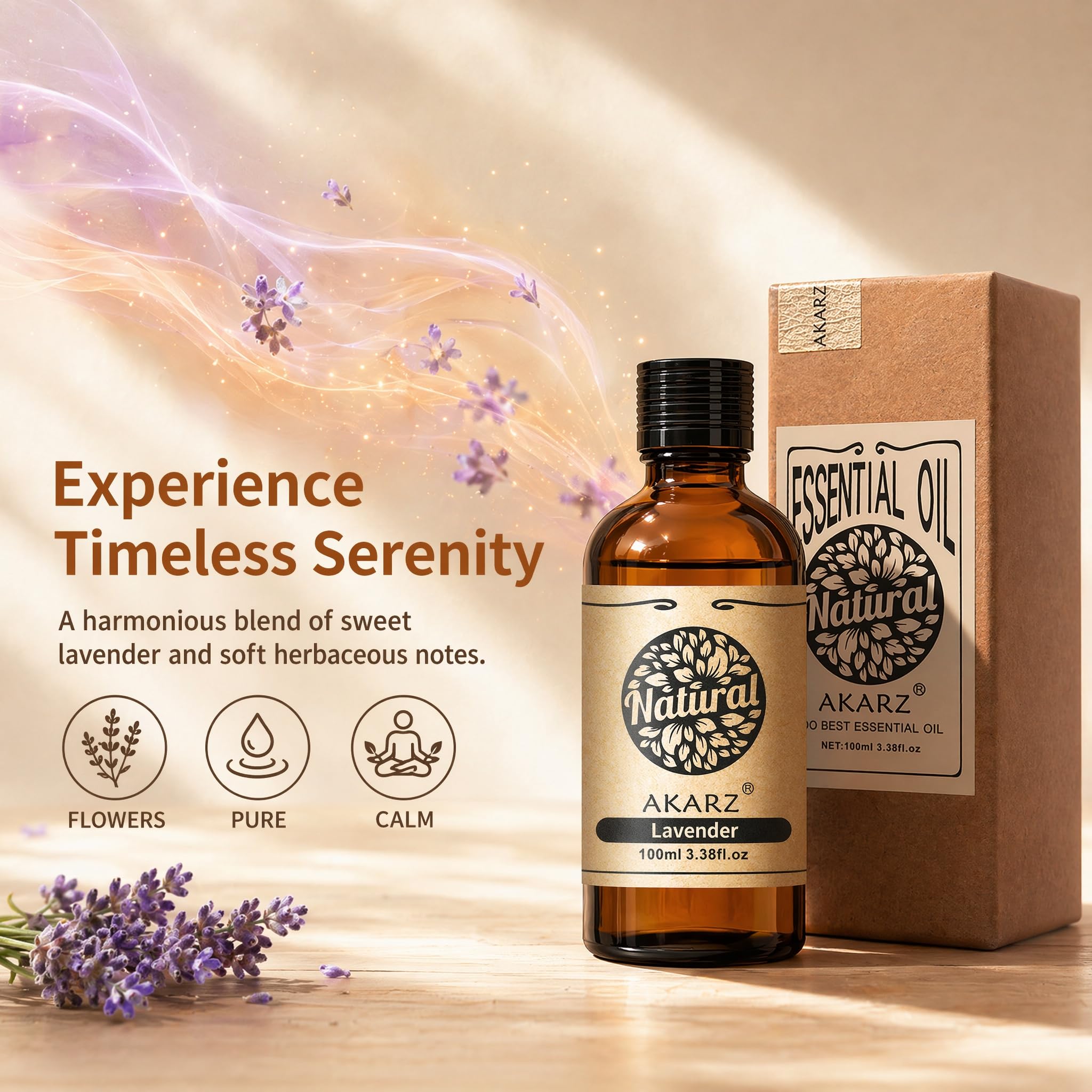 AKARZ 100ml Olejek esencjny z Lavandy - Naturalny olejek aromatyczny do dyfuzorów, lamp aromatycznych i aromatów pomieszczeń