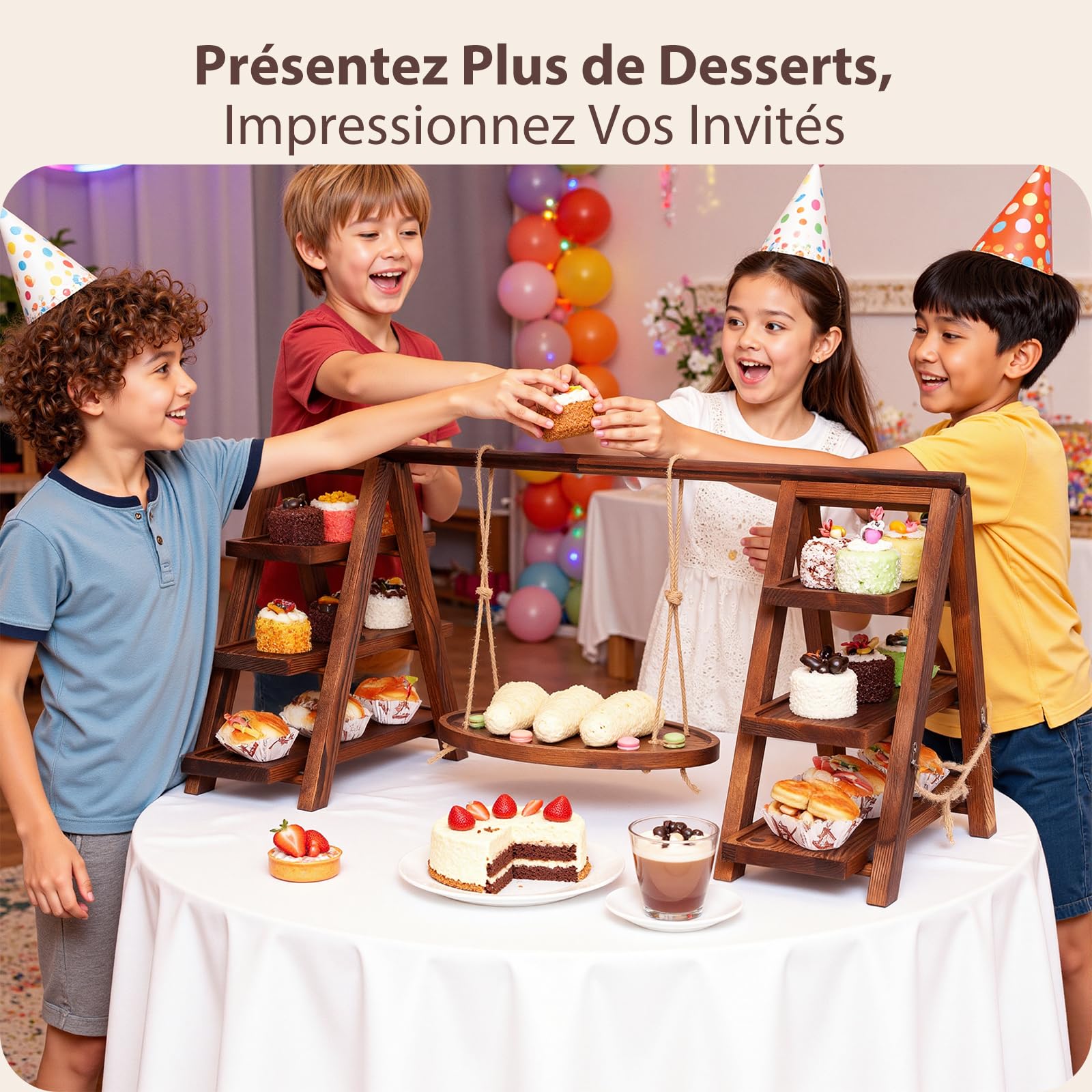 Étagère à Cupcakes et Desserts en Bois à 3 Étages avec Cadre | Oscillant Pin Fini Torch Rustique, Plateaux Large de 13cm, Assemblé à l'Avance avec Pads Anti-Dérapants, Support pour Gât