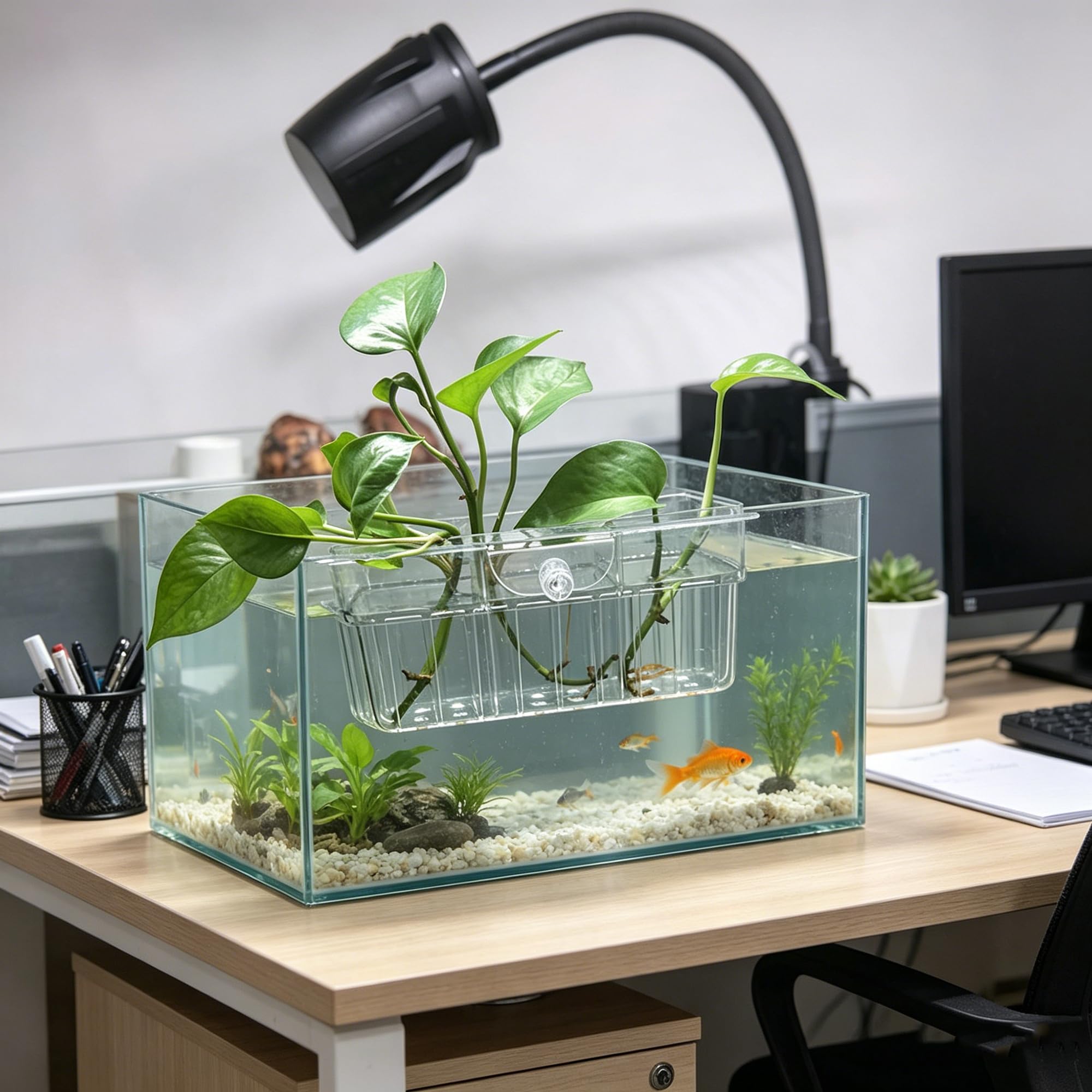 Lot de 2 supports de plantes d'aquarium à 3 cellules, support pour plantes d'aquarium, pot de fleurs suspendu pour aquarium, aquarium, décoration d'aquarium
