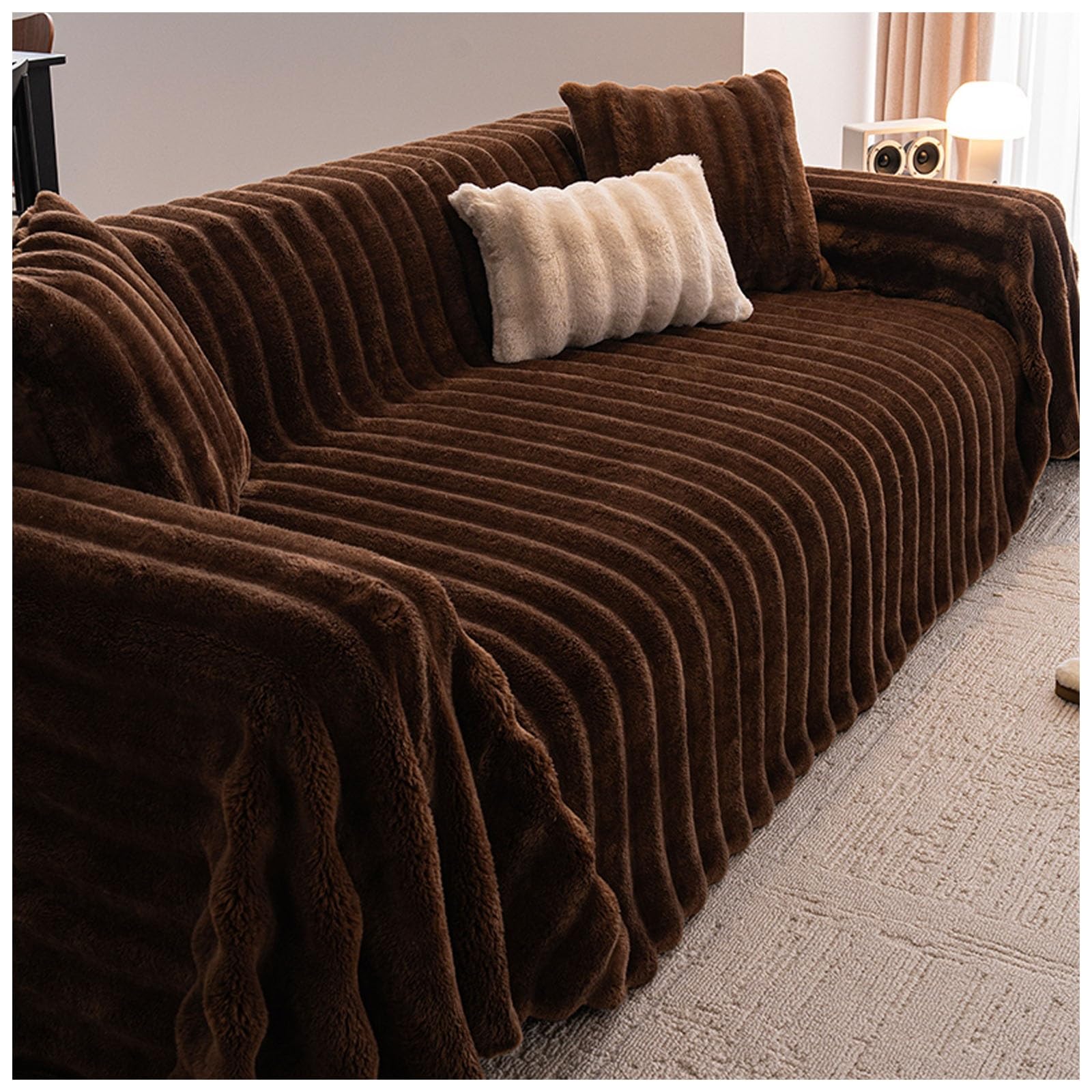 Housse de canapé d'angle en fourrure synthétique de lapin 180x380 cm au fini premium marron