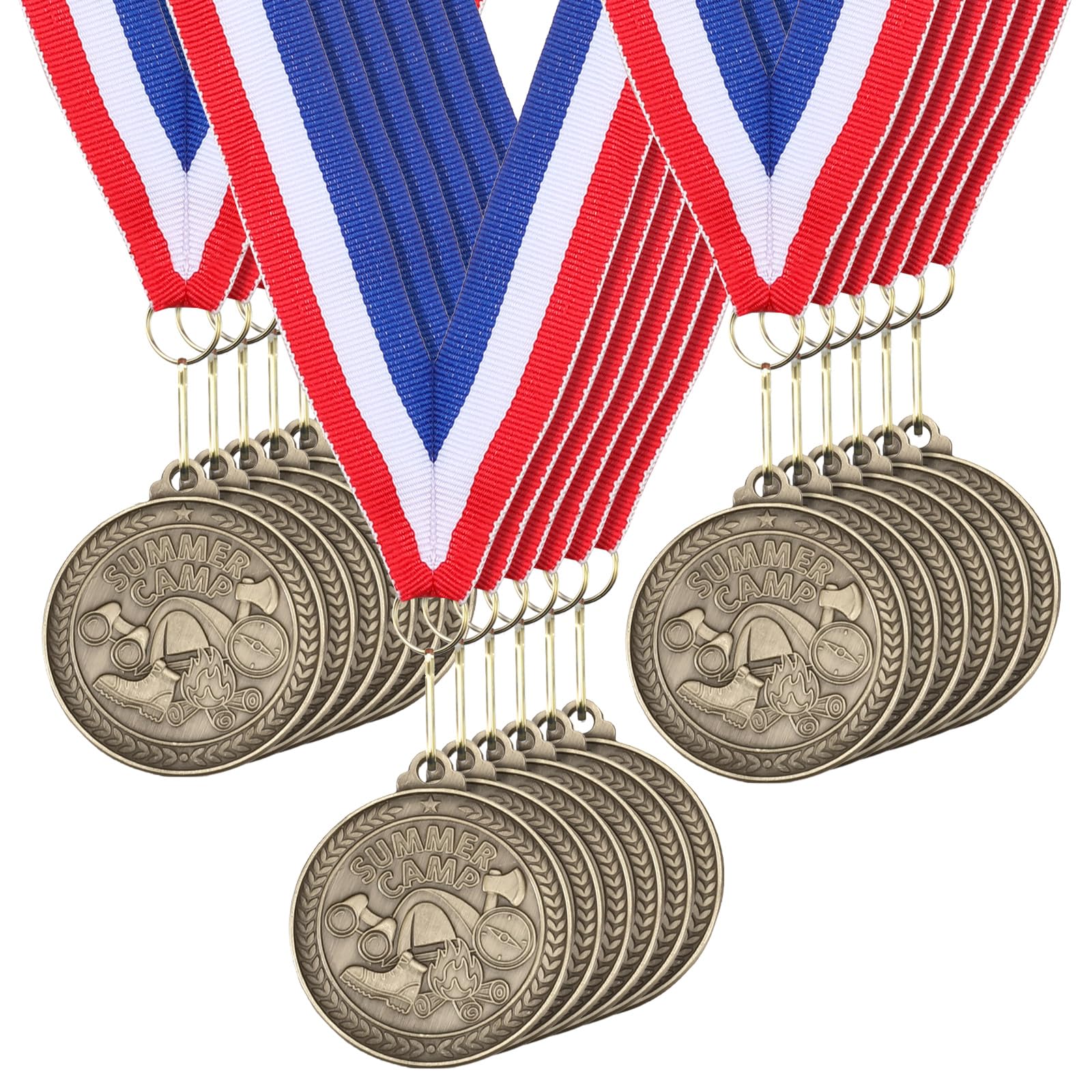 Kenning 30 medaglie di bronzo da 5 cm con nastri rossi bianchi e blu per il collo, per campioni estivi, cerimonie di premiazione, tornei, campionati, forniture per medaglie in metallo