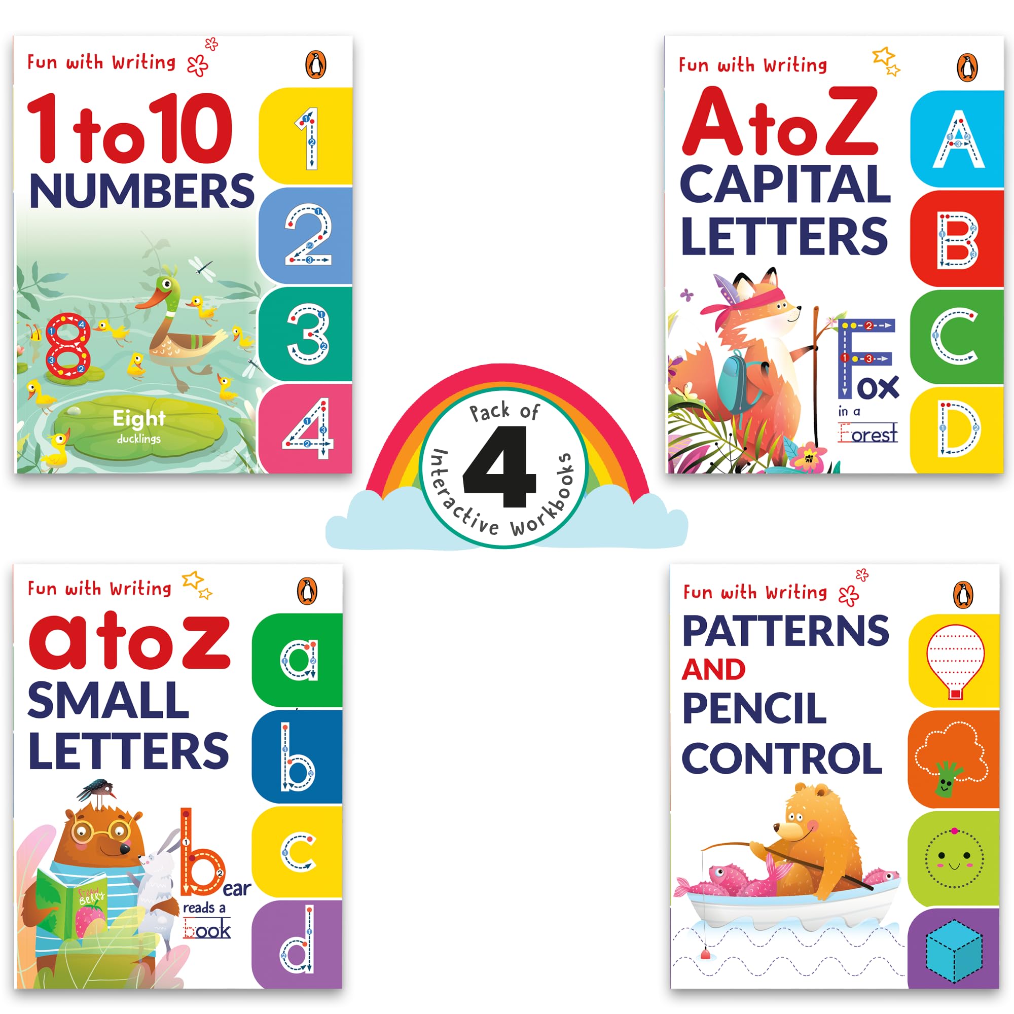 Fun with Writing: Set of 4 Activity Books | Pencil control, A to Z small letters, Numbers Tracing Practice | Ages 3+ | Penguin Early Learning Series