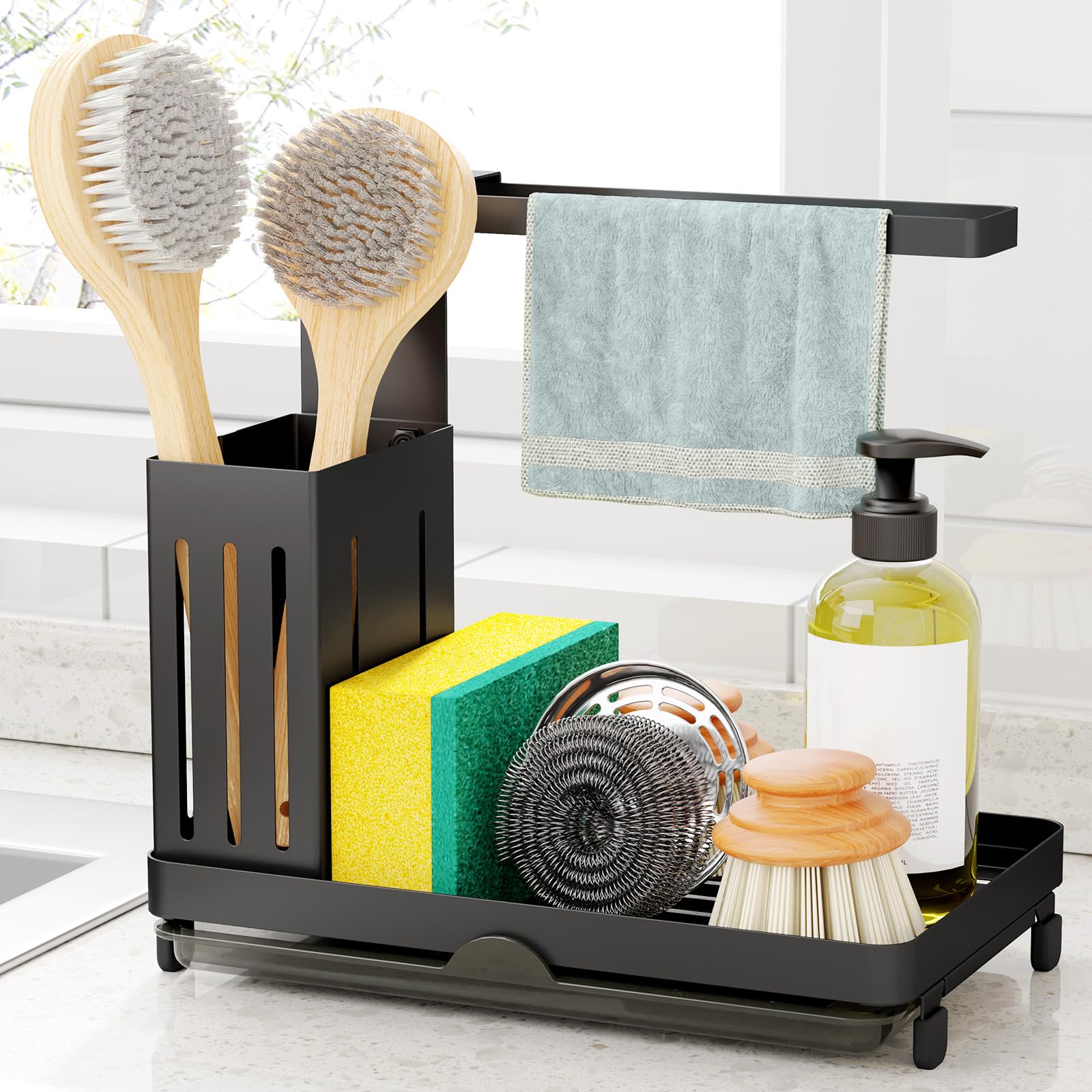 Kitsure Spülbecken Organizer - rostbeständiger Schwammhalter Spülbecken mit Handtuchstange, herausziehbare Tropfschale