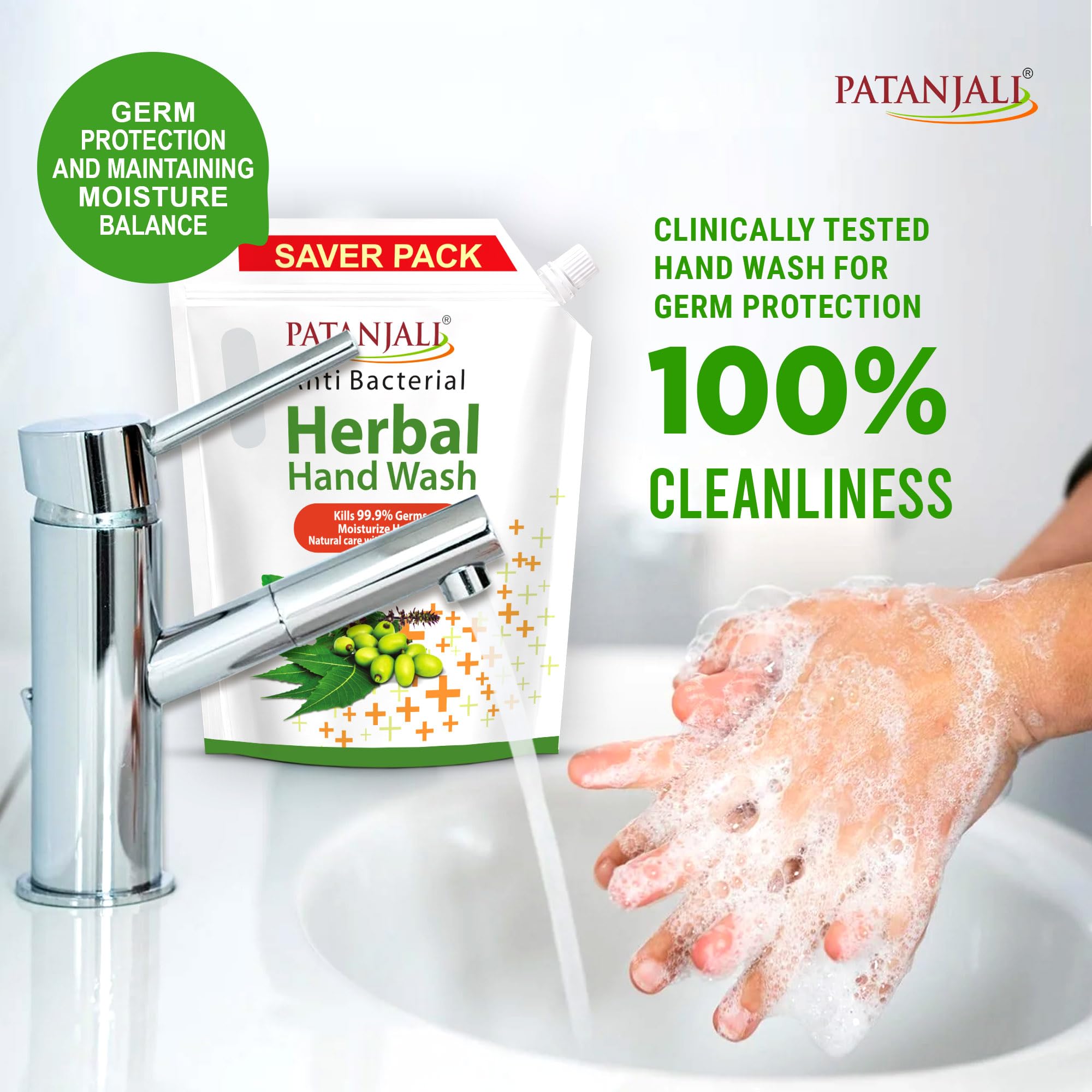 Patanjali Herbal Hand Wash (Anti-Bacterial) 1.5 L Refill, Enriched with Neem & Aloe Vera, Effectively Removes Germs & Dirt, Gentle on Skin, Moisturizing Formula, Safe for Frequent Use, Family Pack 2