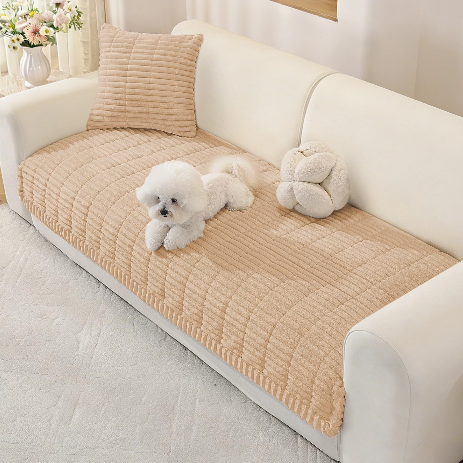 MAXIJIN Flannel Sofa Cover Washable, Soft Thick Couch Cover 2 3 4 Seater, Universal L-Shaped Corner Couch Covers, Fuzzy Pads Settee Covers for Pets and Kids (Champagne, 90×160cm)