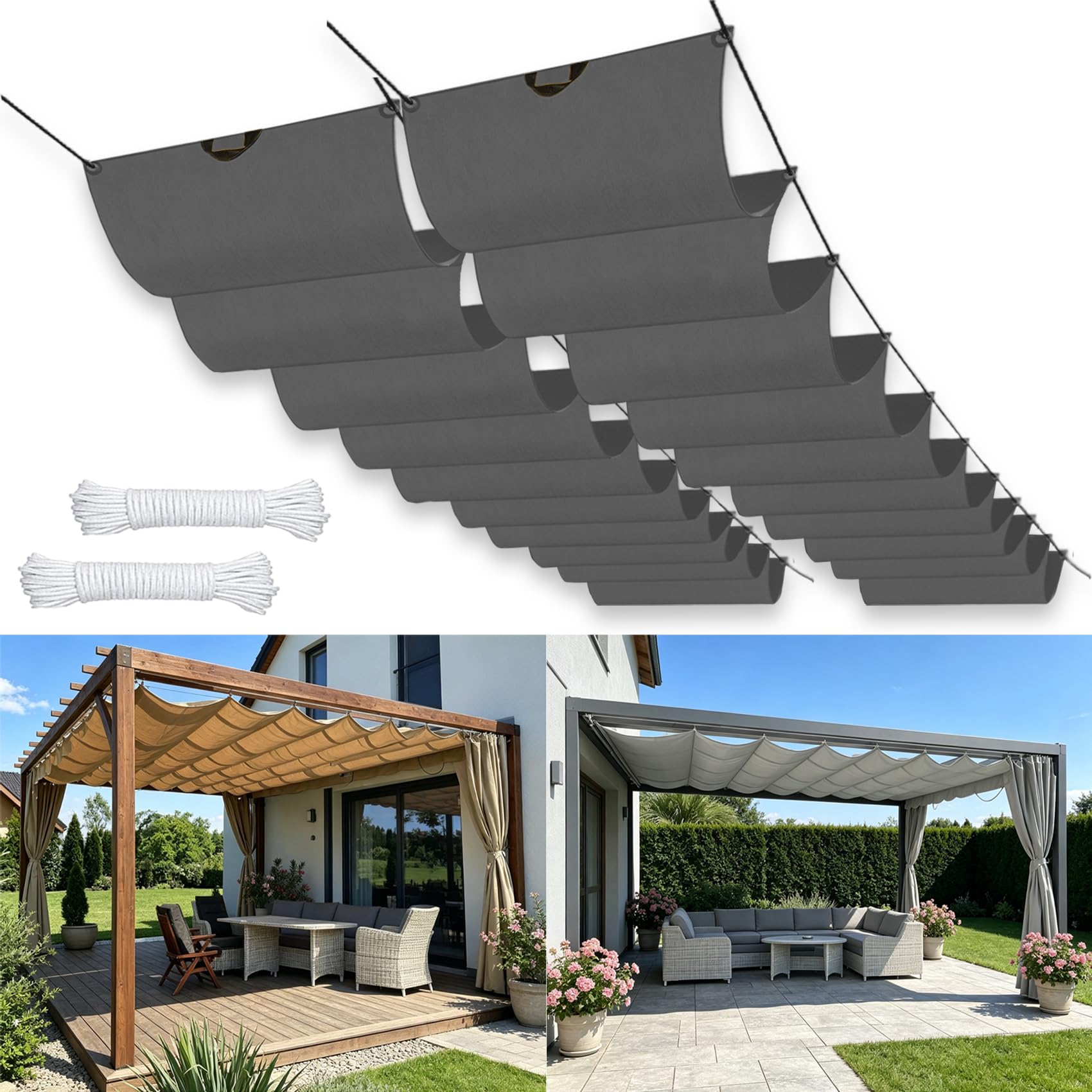 Voile d'ombrage carrée gris foncé 1.3x3.4m rétractable wave pour gazebo et jardin