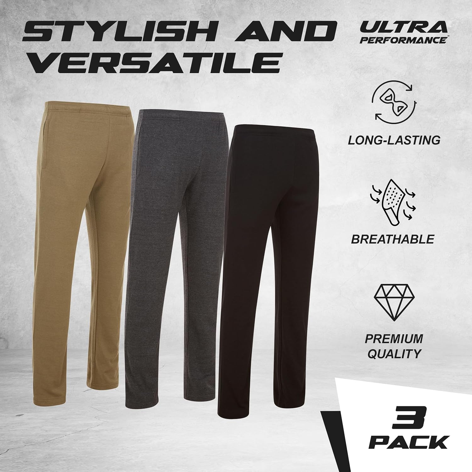 Ultra Performance 3 Pack Mens Sweatpants, Wide Leg Open Bottom Lounge Sweat Pants for Men - Image 5