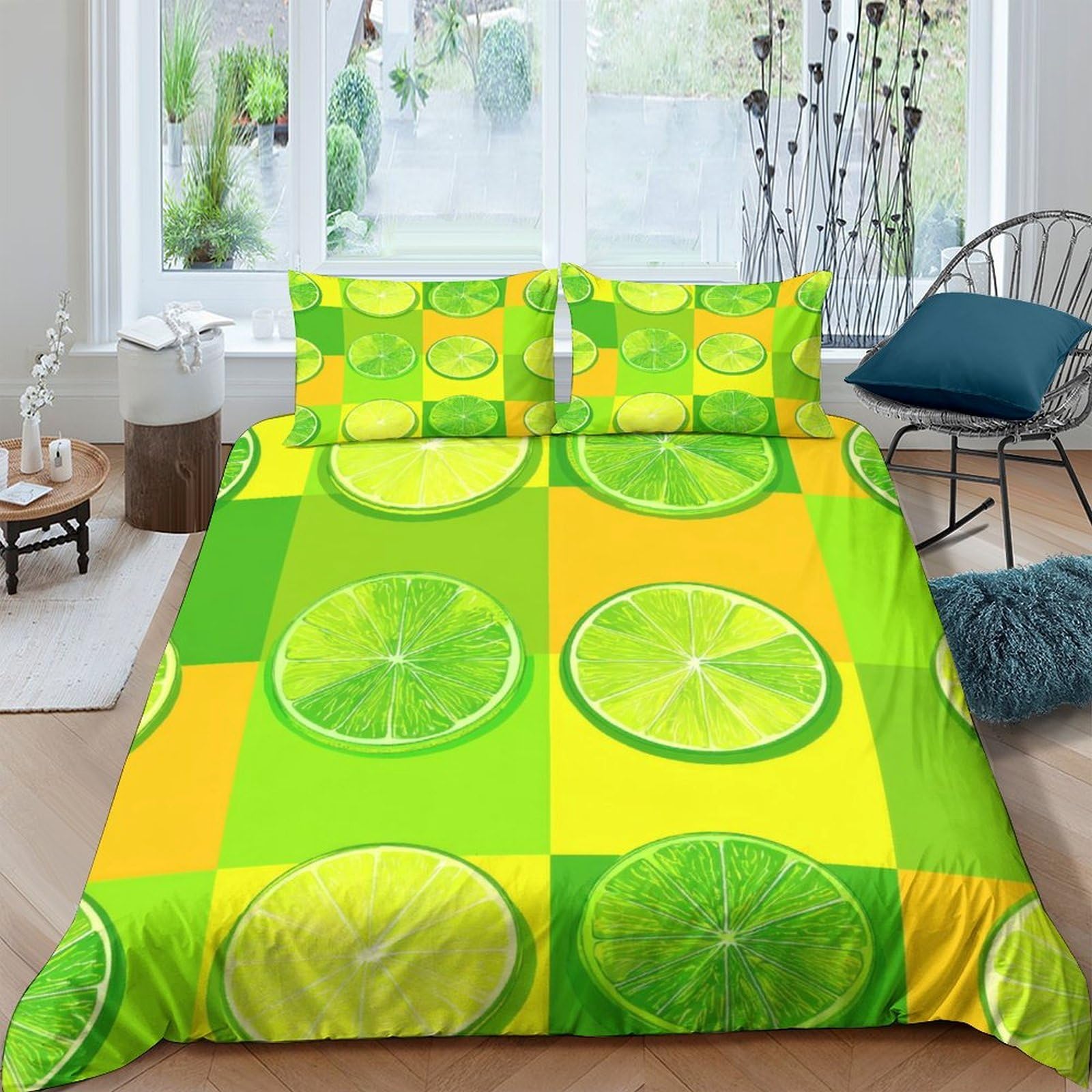 GPLZQXKJNH 3D Printed Lime Citrus Duvet Cover Microfiber Soft Breathable Lemon Bedding Set with 2 Pillowcases for Bedroom Decor Single（135x200cm）