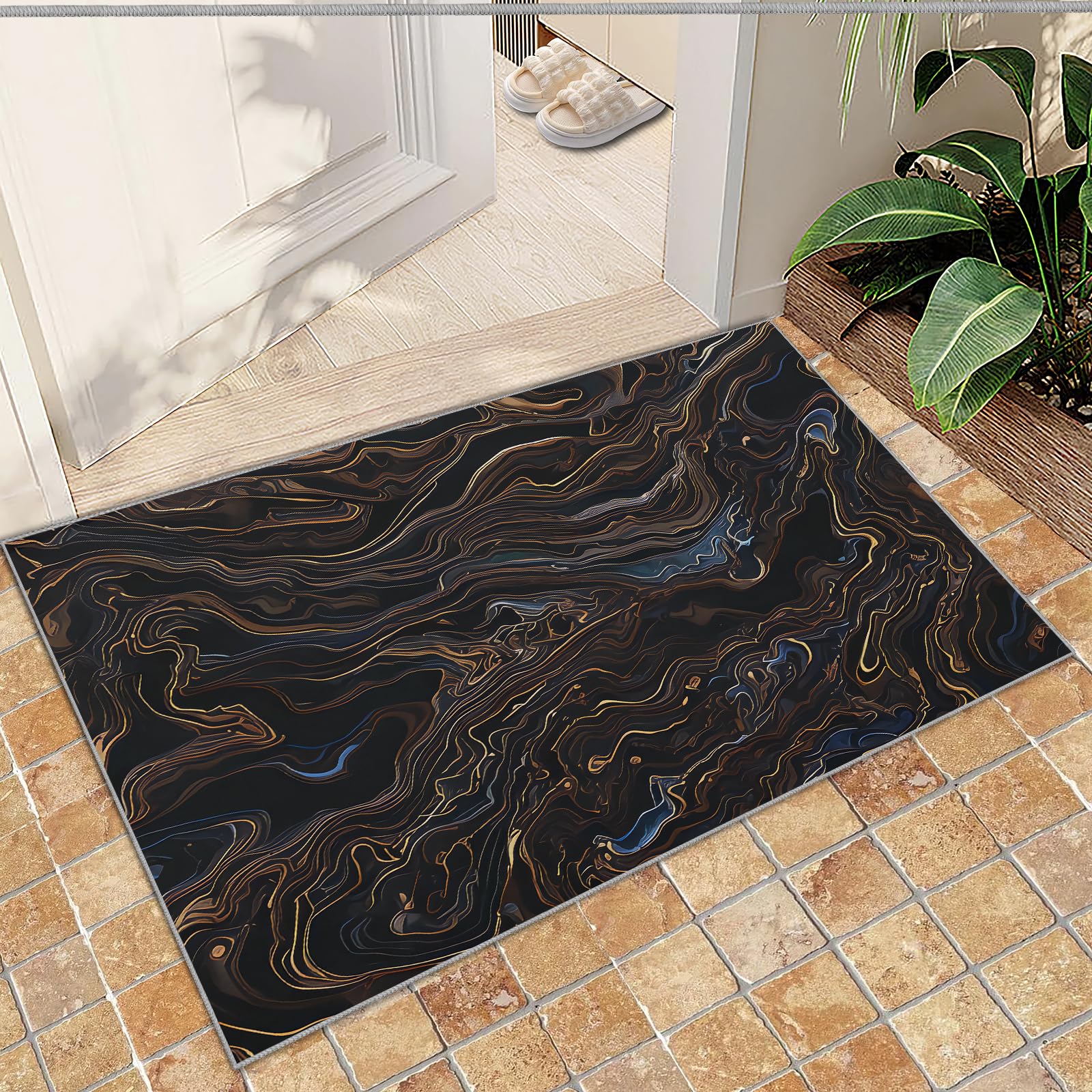FACADUP Brown Small Rug 50x80cm Area Rug Dark Brown Irregular Pattern Rug, Abstract Lines Art Area Carpet, Hallway Entrance Rug Anti-Slip Throw Floor Rug for Bathroom Laundry Room Kitchen