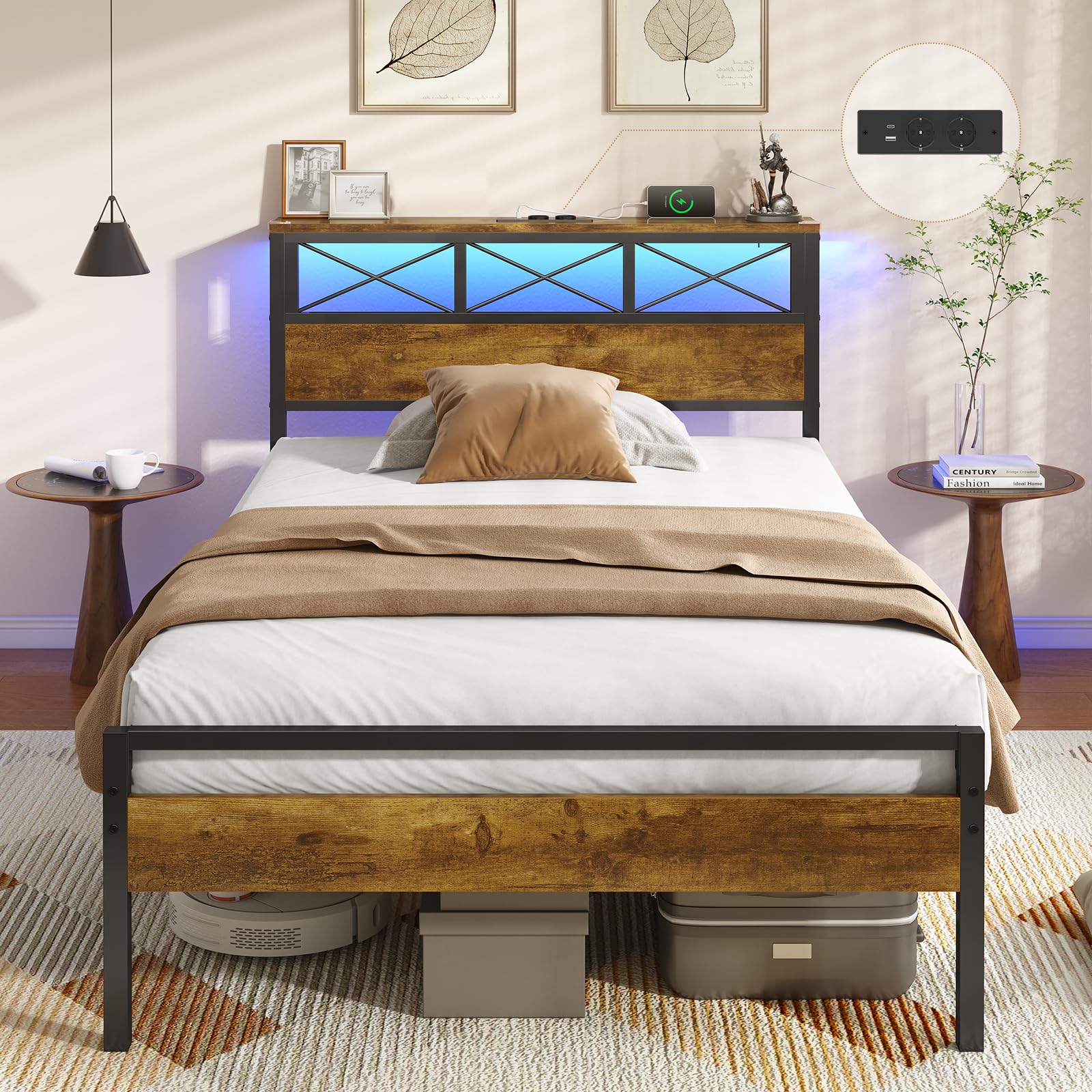 DICTAC Gästebett 90x200 cm mit USB-C & USB-Ladestation + 2 Steckdosen – Platzsparendes Metallbettgestell mit LED-Beleuchtung & Metall-Lattenrost – Einzelbett für Gästezimmer