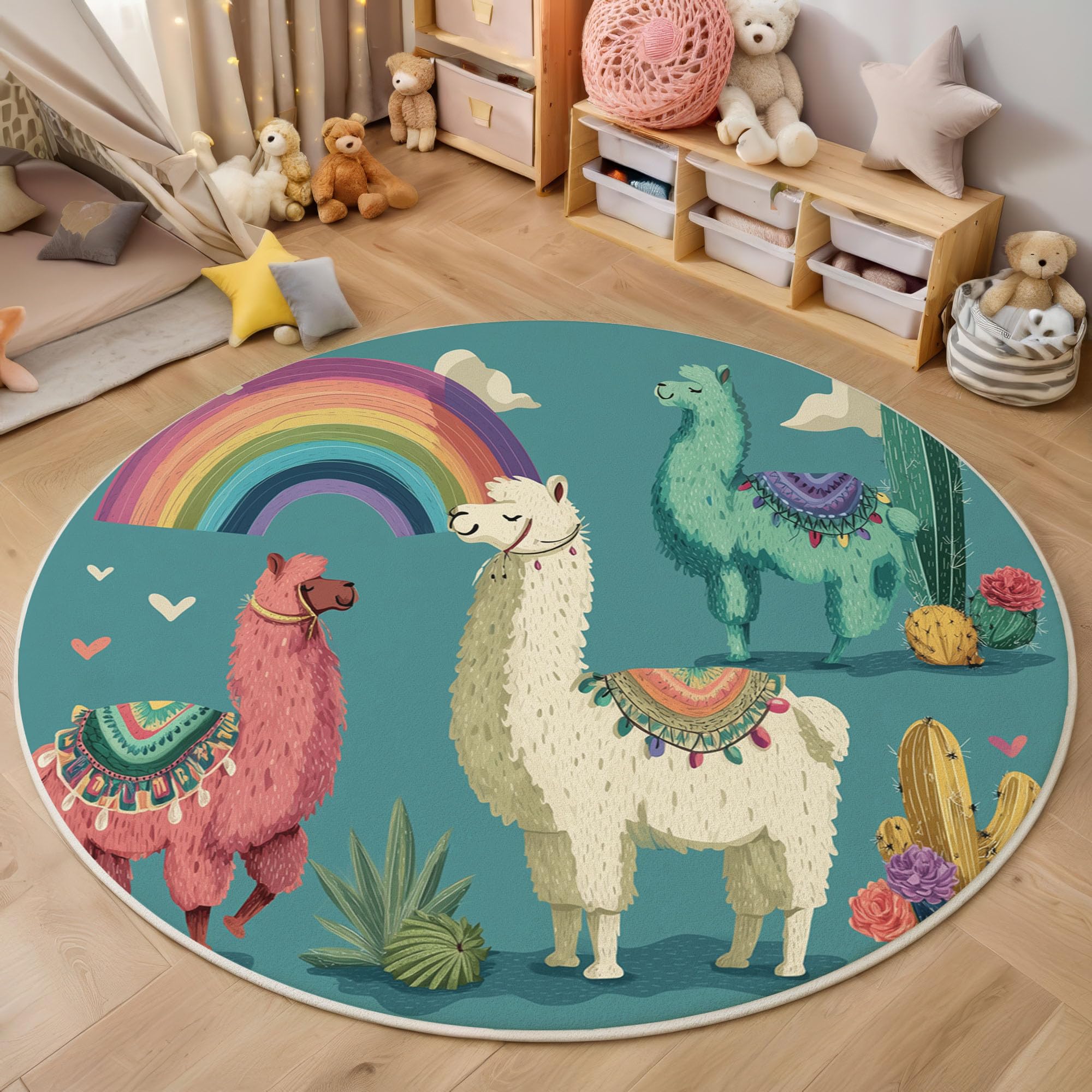 Tapis rond pour enfant 160cm bleu grand format style dessin animé alpagas chambre ado salon