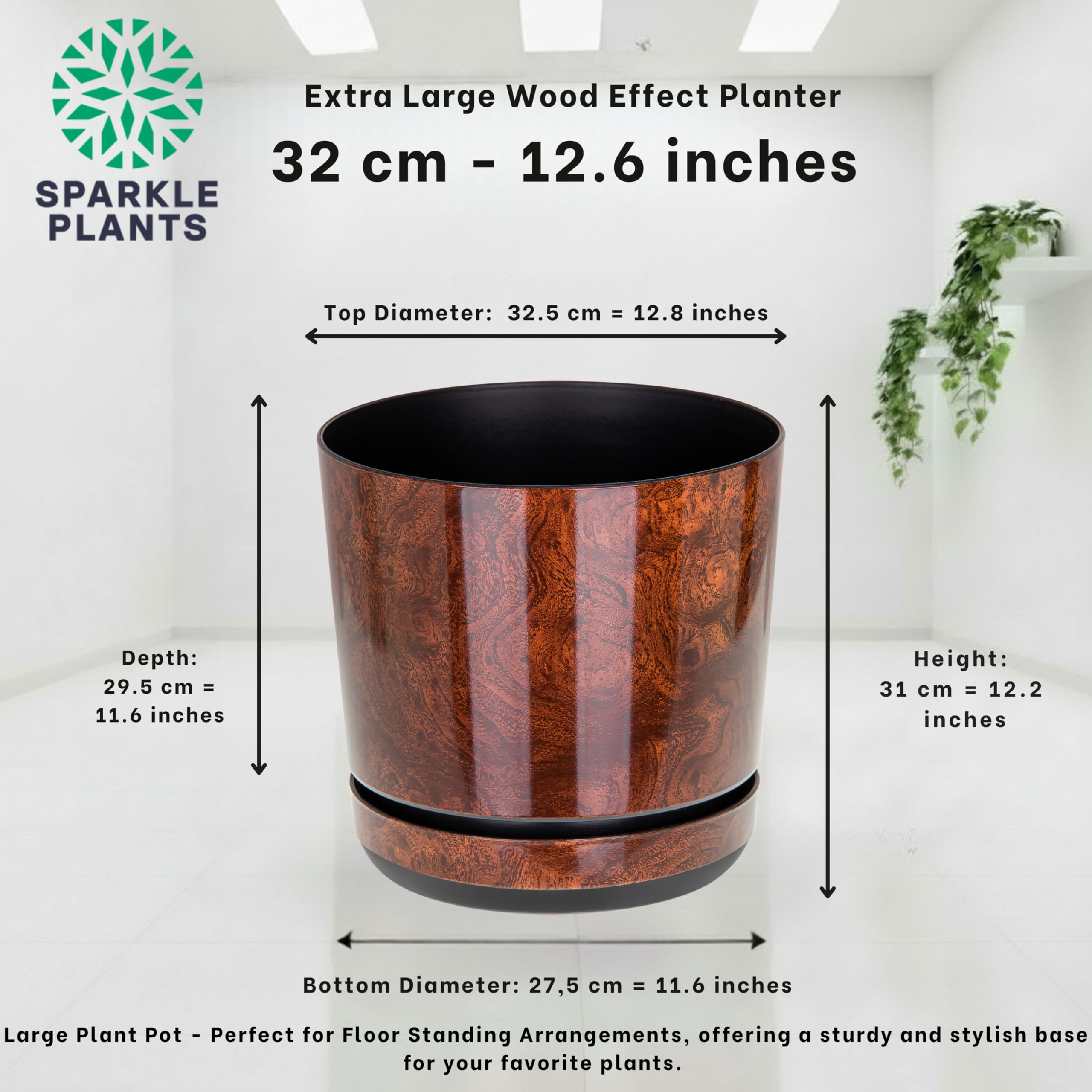 KORAD Extra Large Wood Effect Flower Planter - Gloss Plastic Pot +