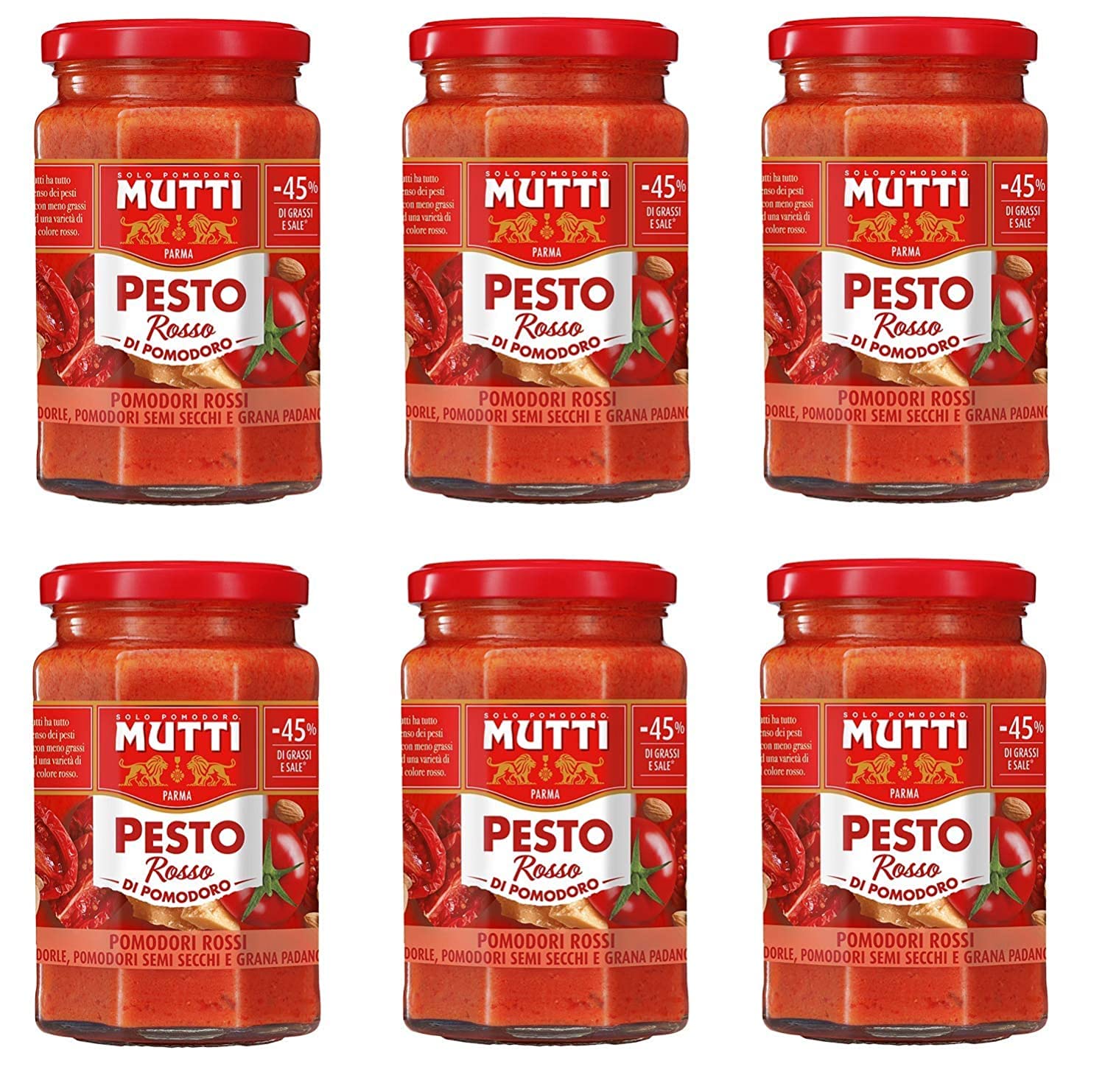 6 x Mutti Pesto Rosso Pomodori Rossi sos pomidorowy, 100% włoskie pomidory, 180 g sosów przyprawianych z migdałami, pomidorami, suszonymi nasionami i granatem Padano