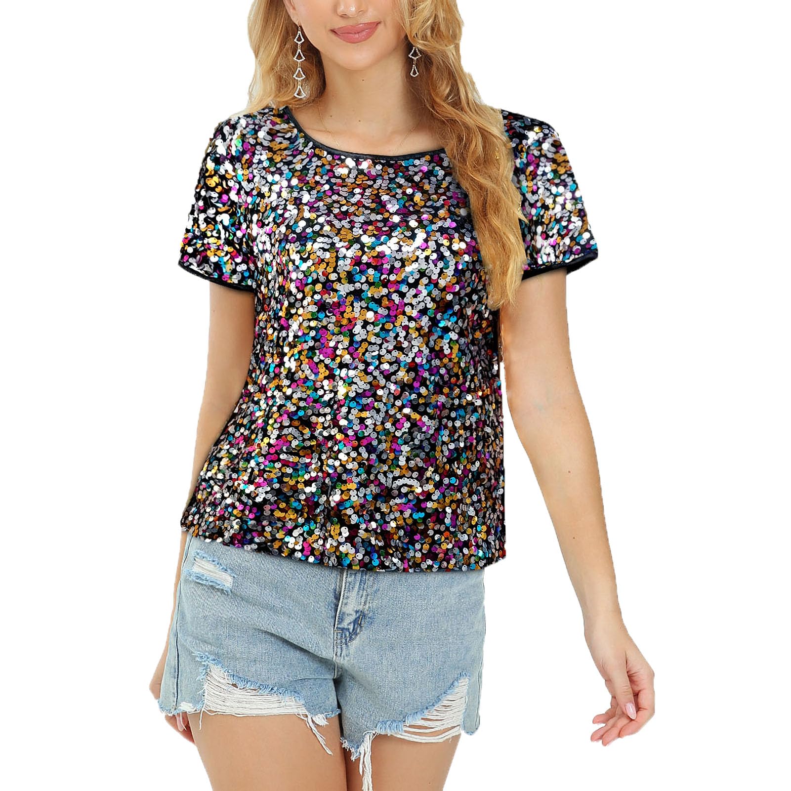 YYPBI Women Sequin Tops Sparkly Shirts Glitter Short Sleeve Round Neck Blouse Shirt Party Casual Tunic Top Multicolored, XL