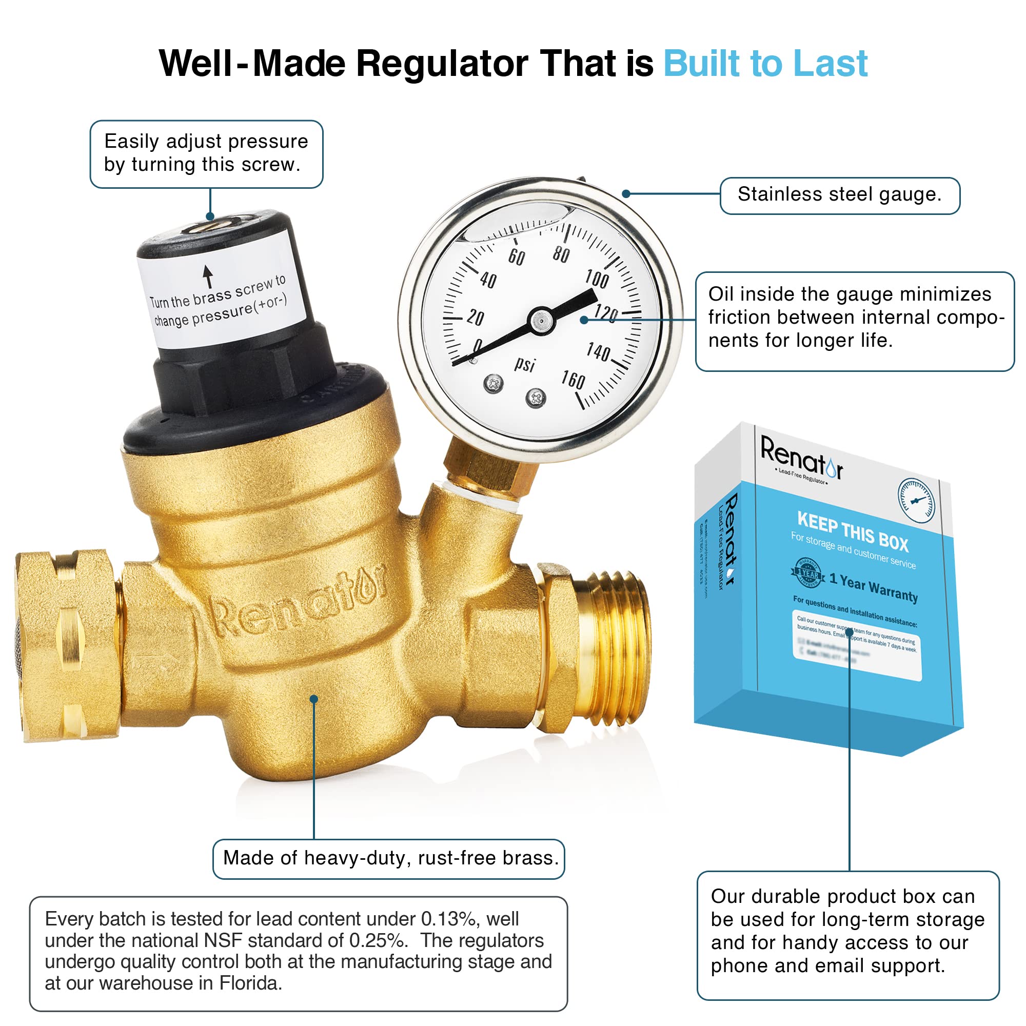 Renator RV Water Pressure Regulator for RV Camper. Brass Leadfree