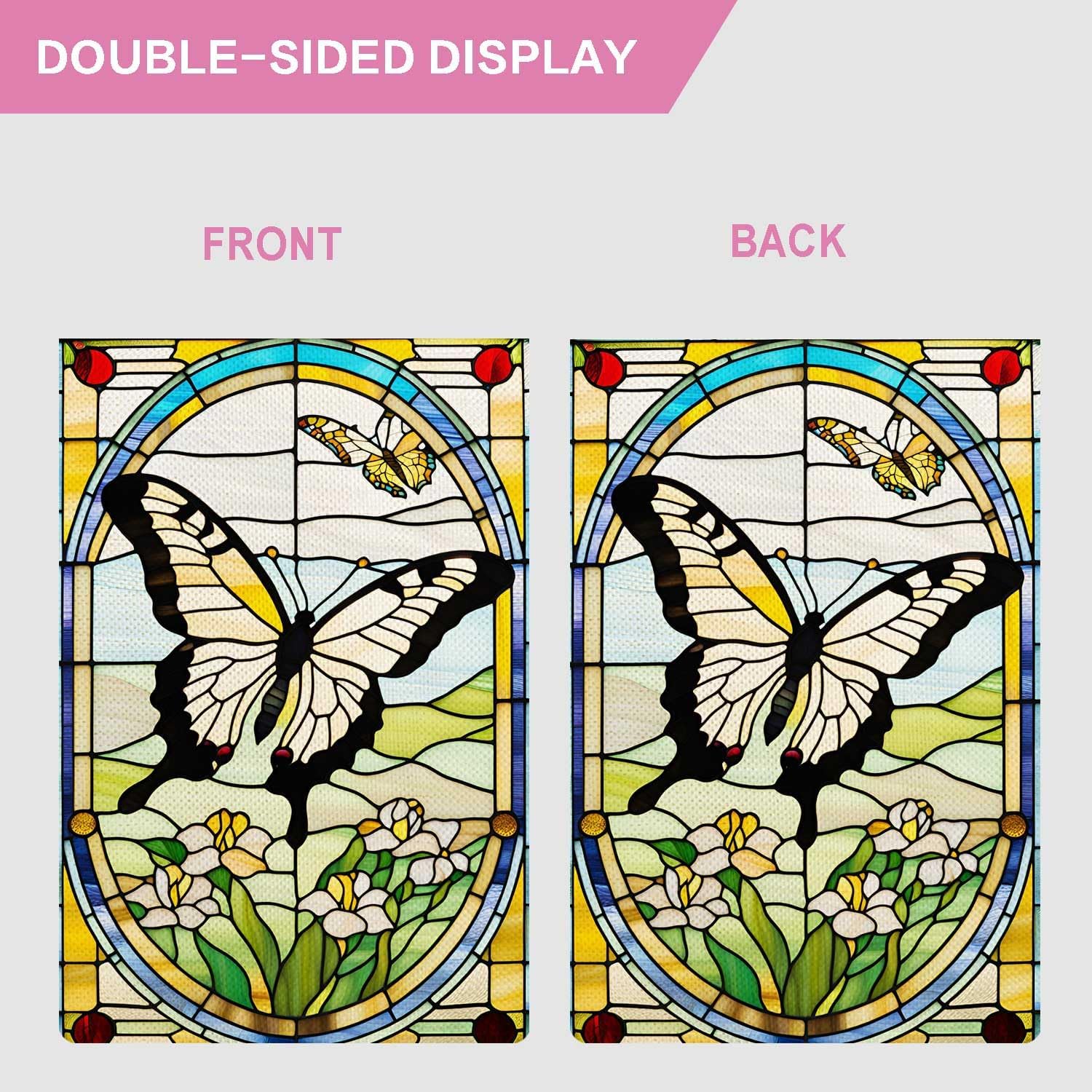 Spring Butterfly Garden Flag Stained Glass Style Spring Summer Floral Flower Small Flag for Outside Burlap Double Sided Farmland Welcome Yard Lawn Winter Decor 12.5x18" - Image 4