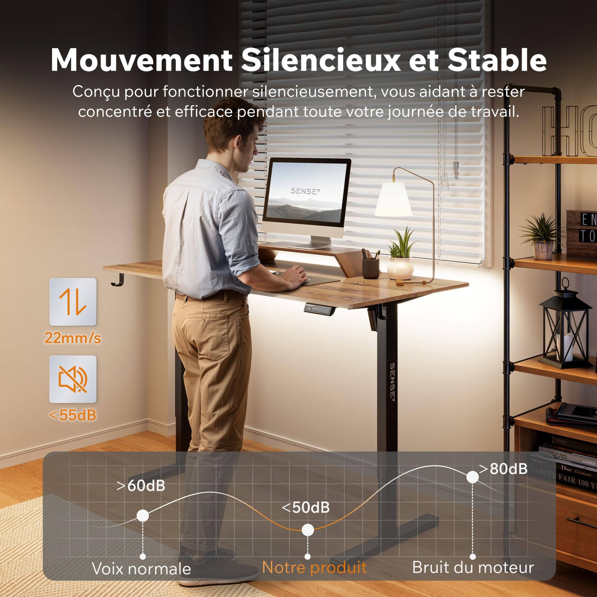 SENSE7 Nojo Light Bureau électrique réglable 140x70cm chêne Noir 70kg
