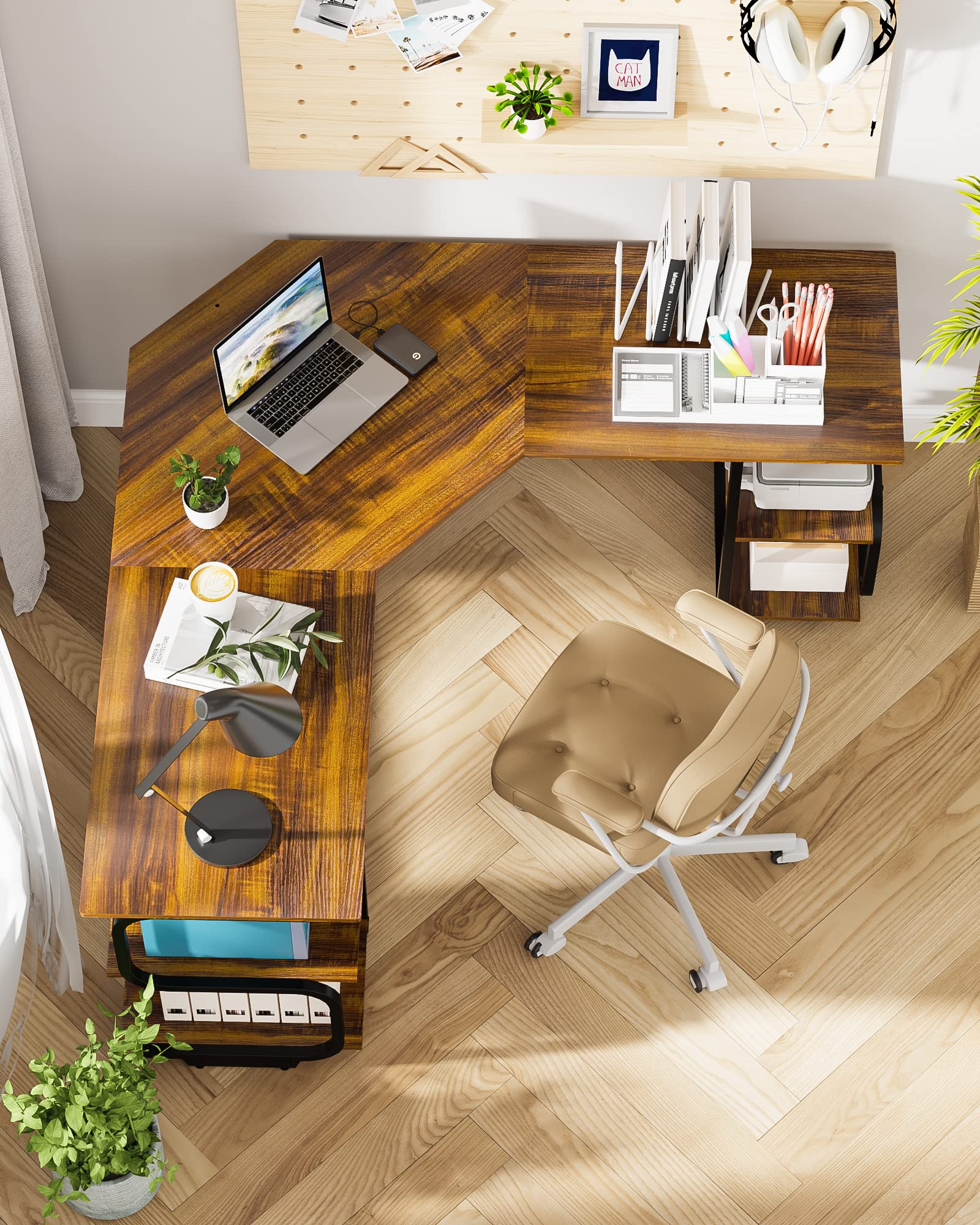 Escritorio moderno en forma de L con estantes, escritorio de computadora, escritorio de juegos para oficina en casa, mesa de trabajo de esquina con escritorio grande (teca + marco negro, grande + estantes de 4 niveles) 2