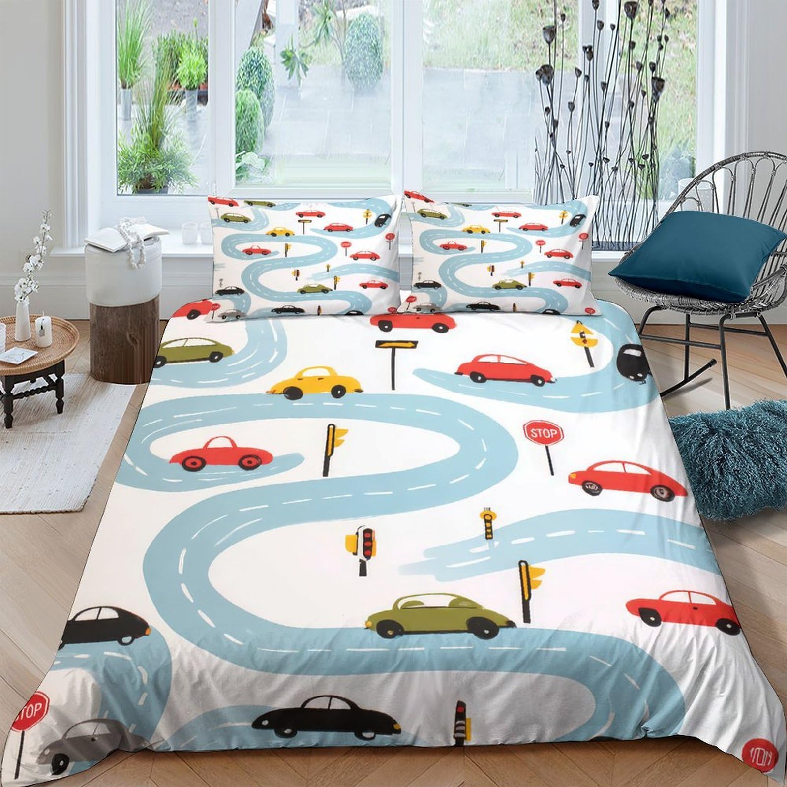GPLZQXKJNH 3D Printed Cartoon Car Road Duvet Cover Microfiber Breathable Bedding Set with 2 Pillowcases for Bedroom Decor, Single（135x200cm）