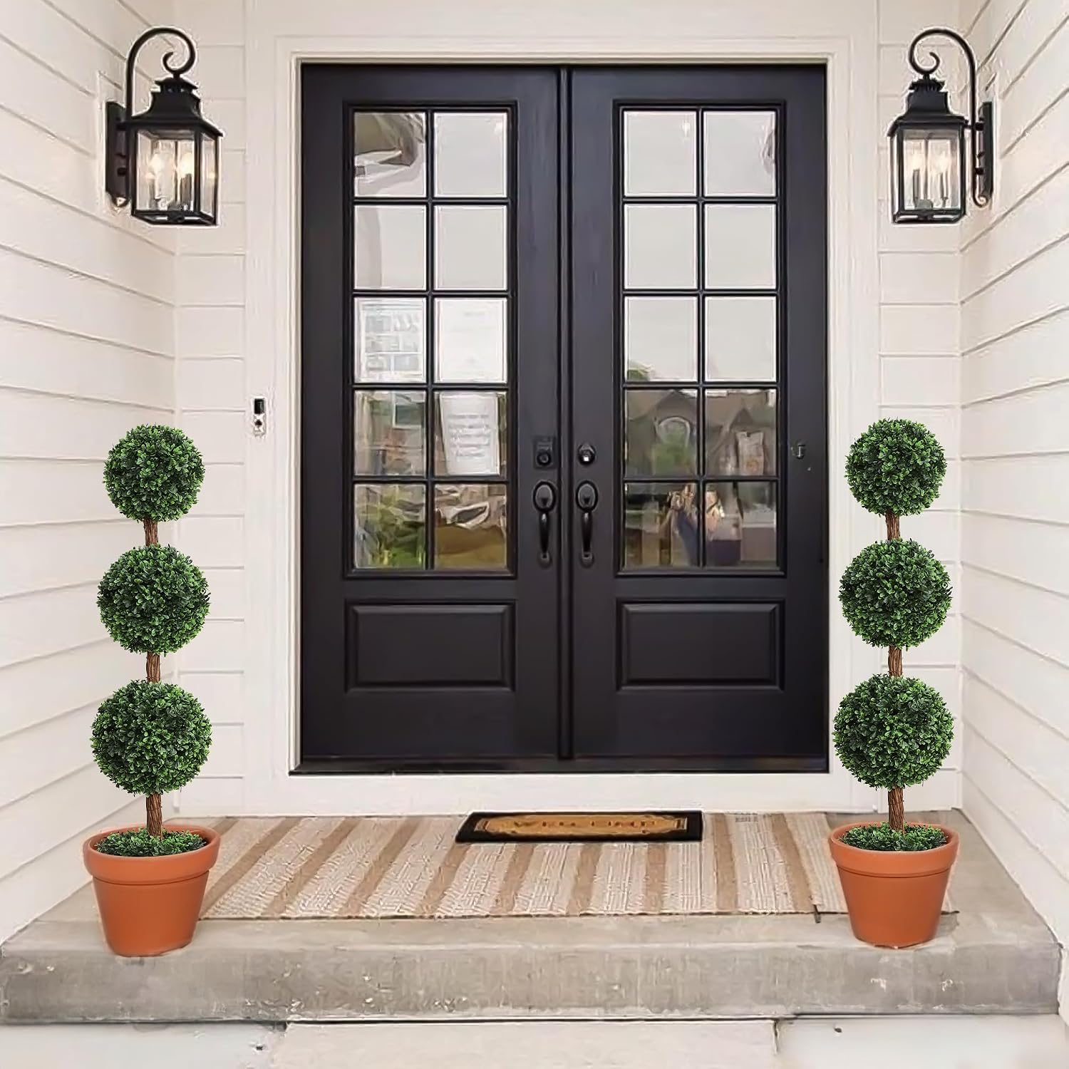 Damomo Artificial Topiaries Ball Trees Outdoor, 3.6ft Faux Boxwood Plants Topiary Triple Ball Tree(2 PCS), Fake Shrubs Trees Potted Decorative Indoor Porch or Garden（43inch）