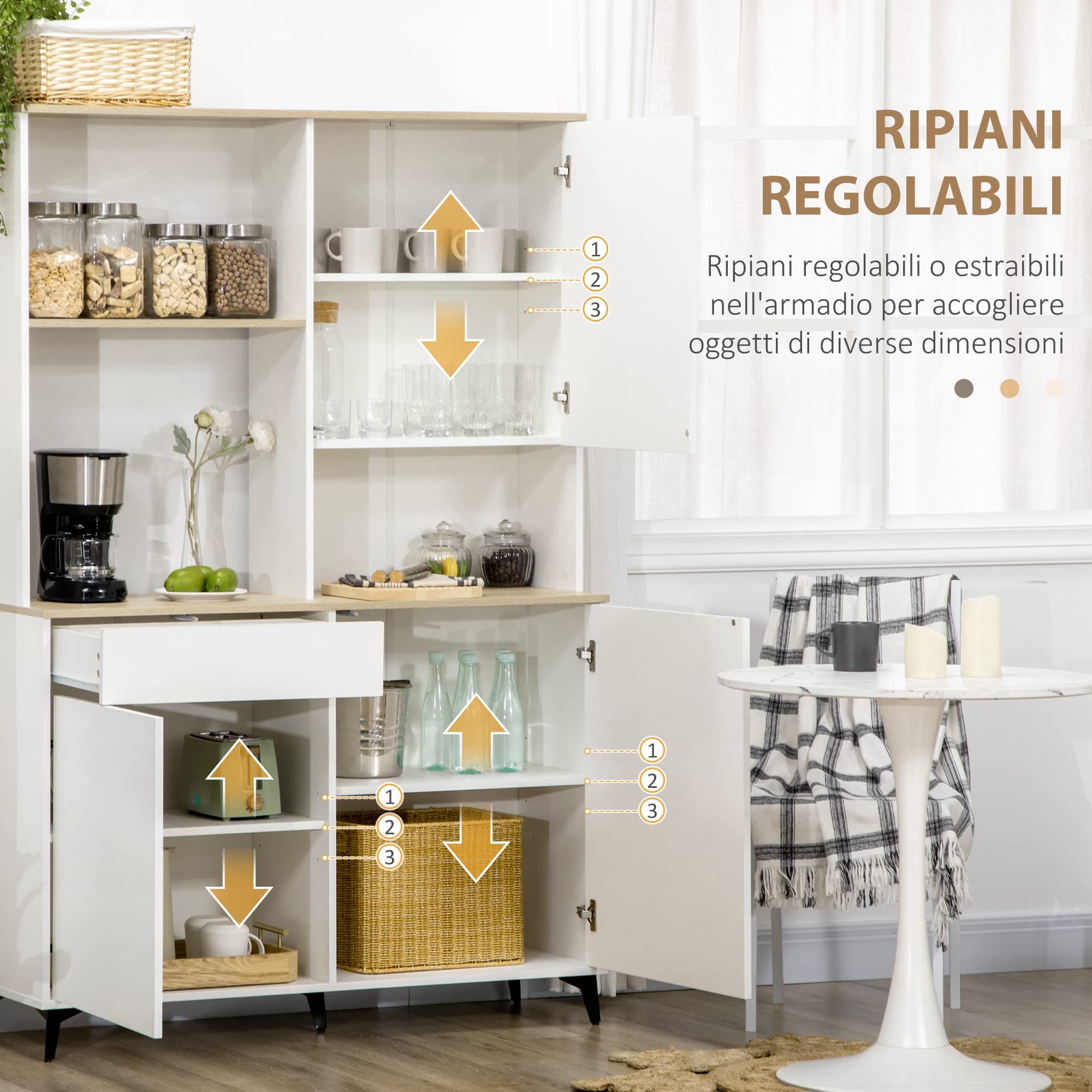 HOMCOM Dispensa Cucina in Truciolato e MDF con Ripiani Aperti, Armadietti e Cassetto per Utensili ed Elettrodomestici, 119x41x180 cm, Bianco