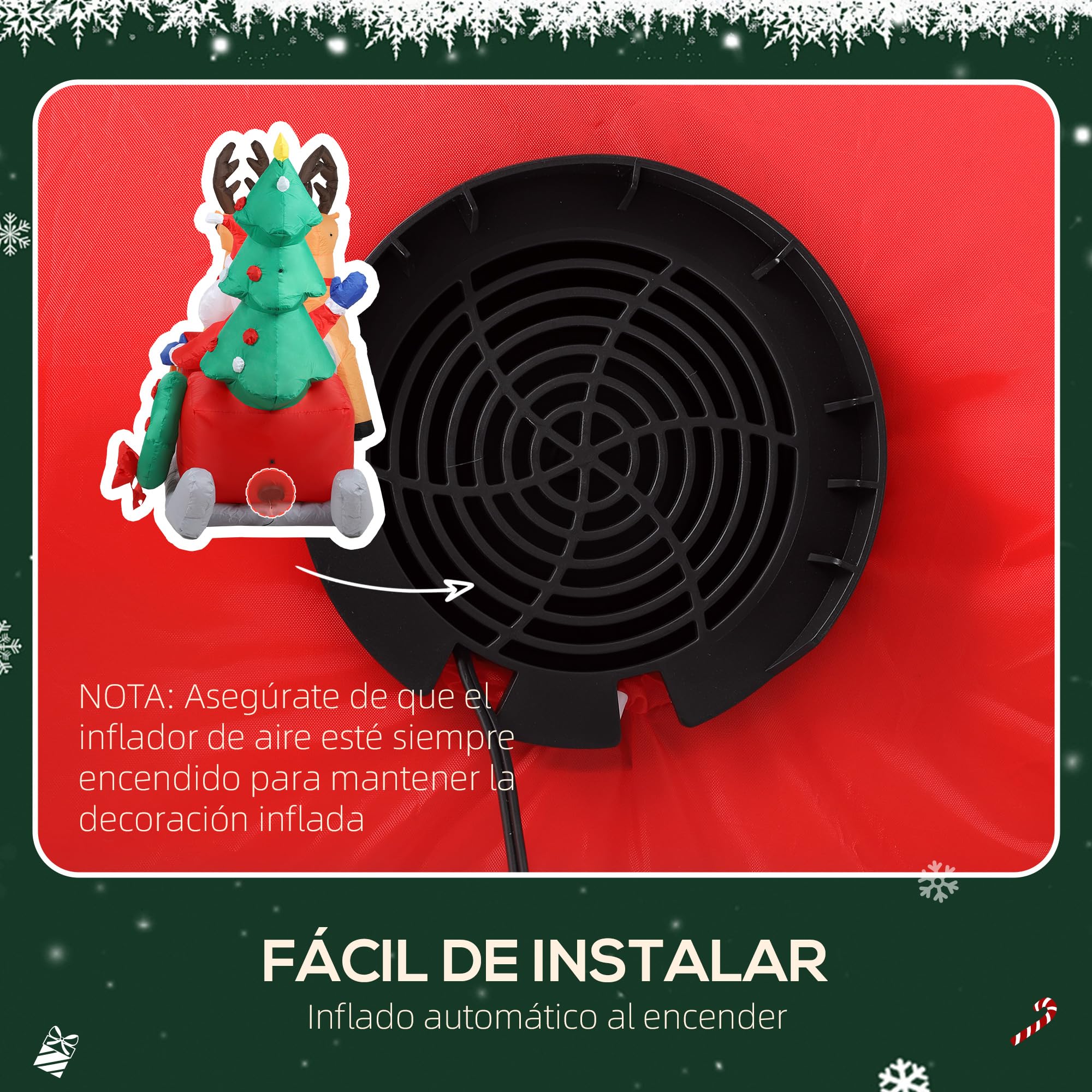 Outsunny Papá Noel Hinchable con Trineo, Renos y Árbol 216x90x150 cm | Inflables de Navidad con Luces LED, Decoración de Navidad para Exterior e Interior
