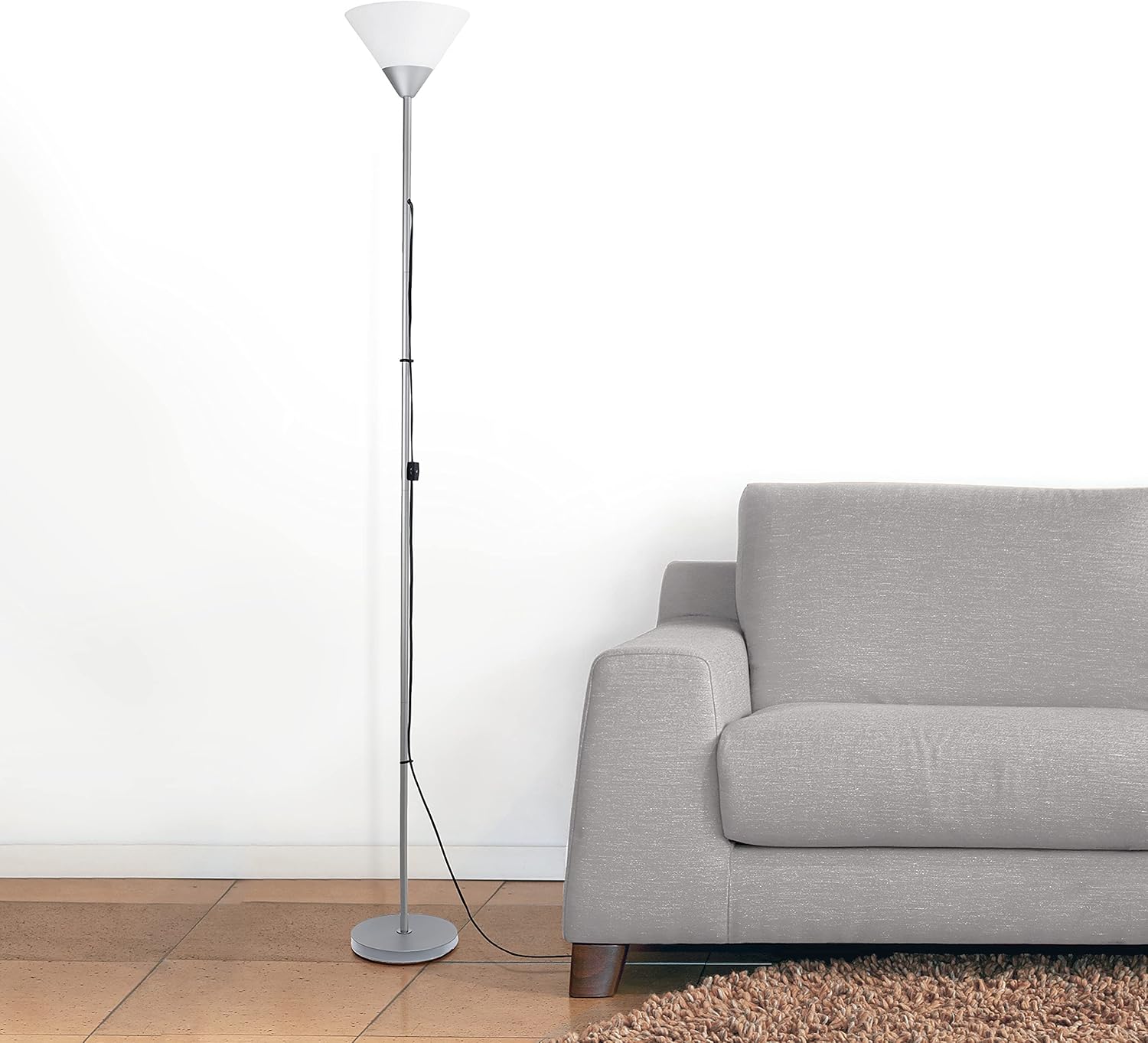 Sleek Silver Torchiere 17" Floor Lamp with White Cone Shade