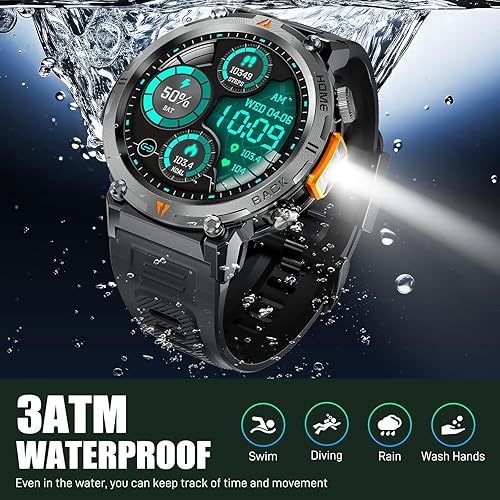 Miniatura 5 de Military Smart Watch for Men with LED Flashlight 3ATM Waterproof Tactical Smart Watch with 100+ Sport Modes 1.45 Fitness Tracker with Heart Rate