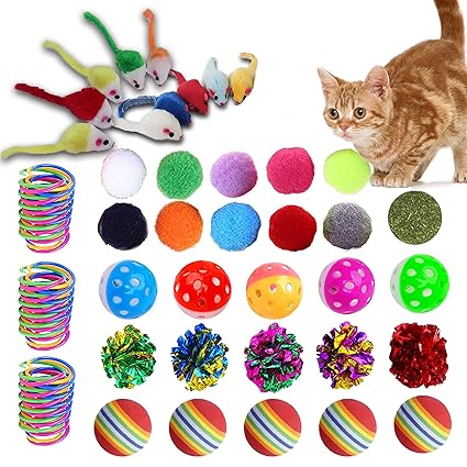 KAYUSITER 48pcs Cat Toys Set Spiral Springs Assorted Cat Balls Crinkle Furry Cat Mouse Toys Catnip for Cats Kittens Interactive with Storage Bag