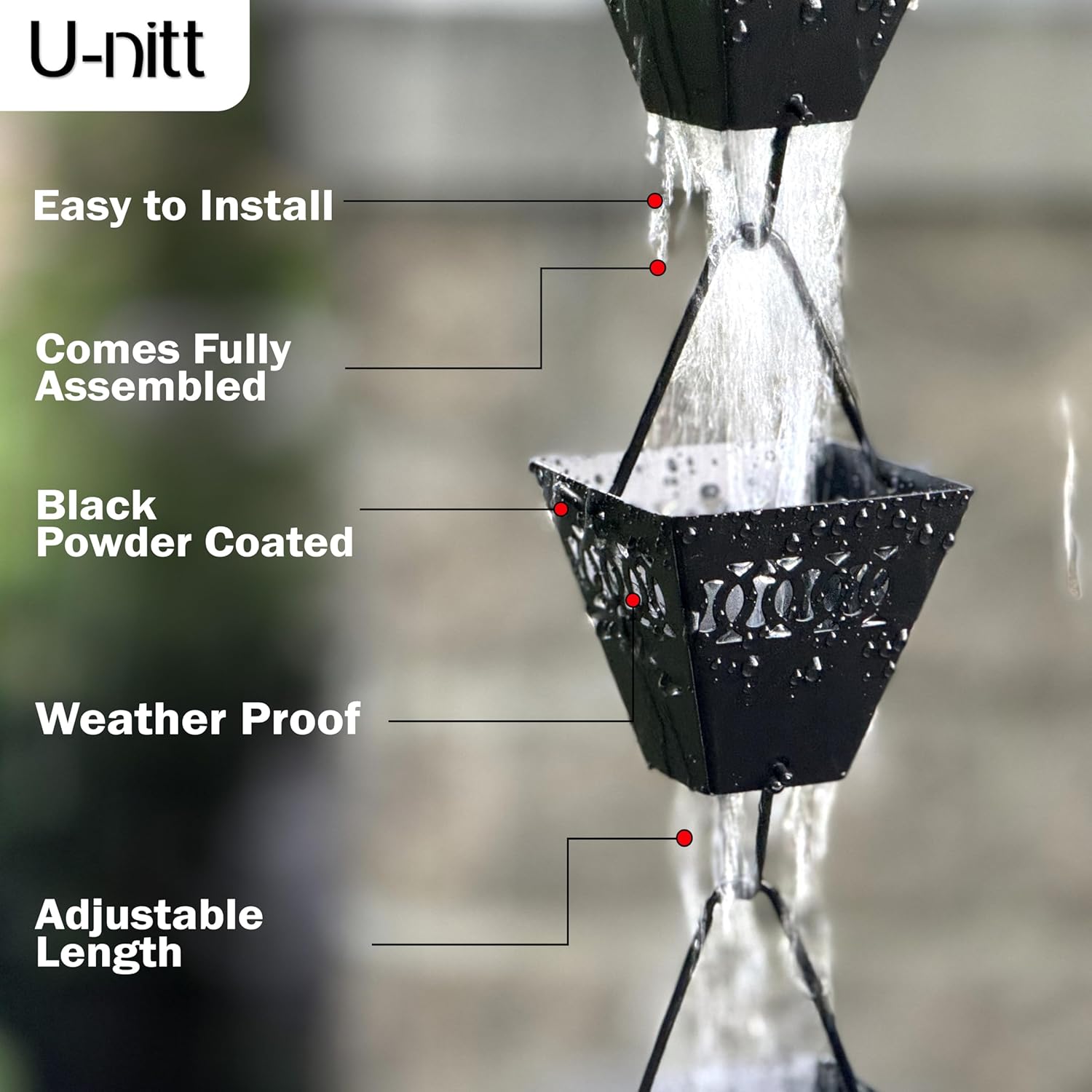 U-nitt Rain Chain Water Collection for Gutters Rainwater Catcher & Diverter, 8.5 FT Chains for Outside Garden, Black Square Cups, Roof Downspout, Works with Heavy Rain, w/Gutter Clip for Rainchains