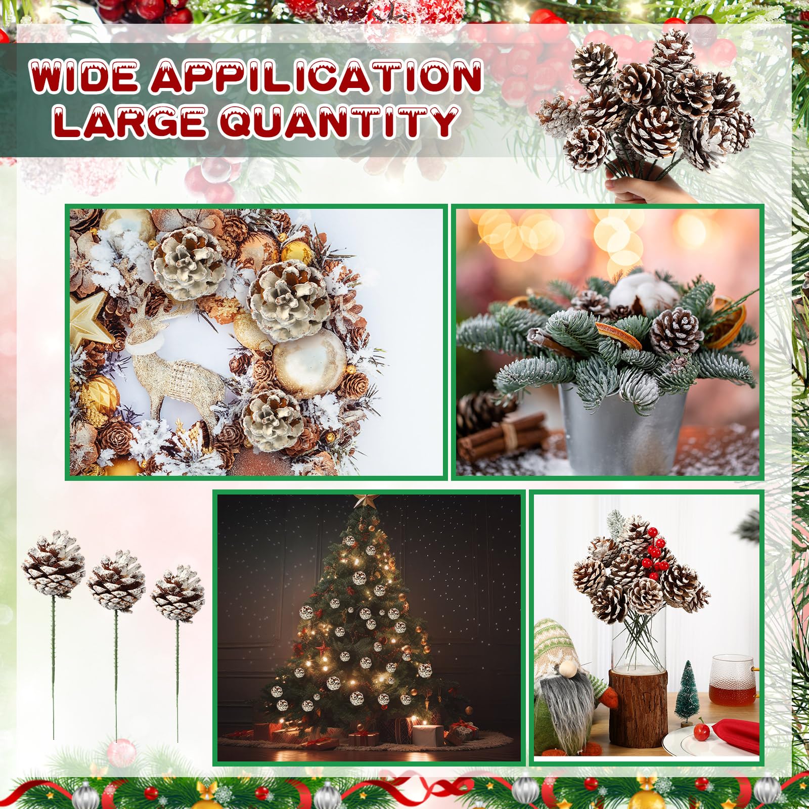 Leyndo 60 piñas naturales de Navidad, piñas de nieve, piñas de pino de Navidad, 3 tamaños, decoración de cono de pino para guirnalda, árbol de Navidad, adornos de vacaciones de invierno, decoración