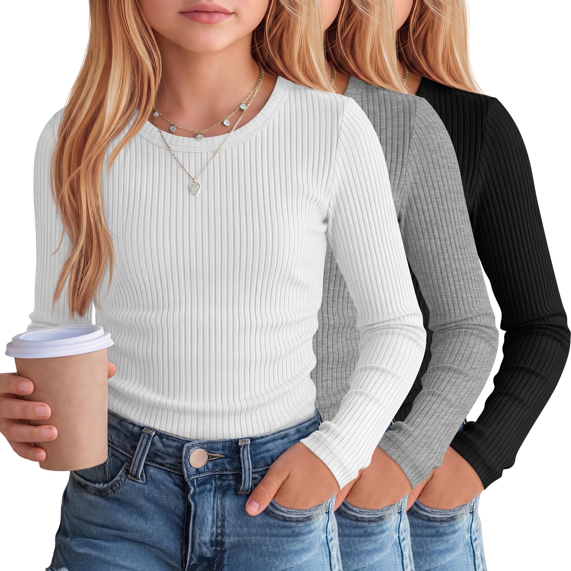 Clabby 3er Pack Mädchen Langarmshirt Baumwoll Rippstrick