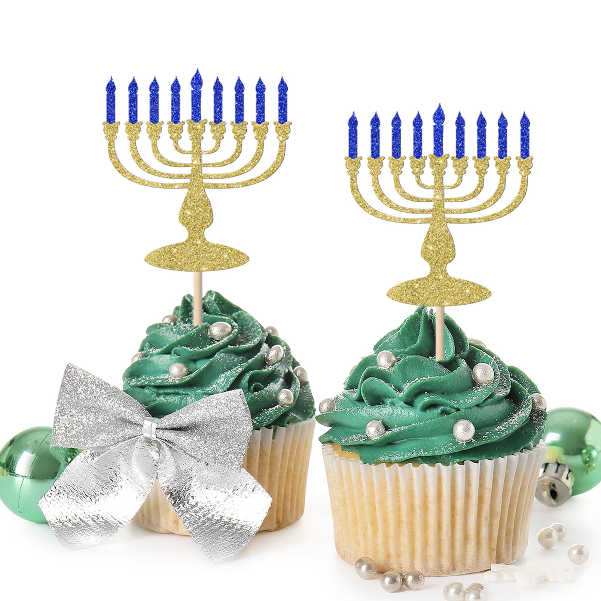 SYKYCTCY 24 Pack Hanukkah Day Cupcake Toppers Glitter Menorah Cupcake Picks for Sparkle Jewish Birthday Chanukah Hanukkah Holiday Cupcake Decorations Party Supplies