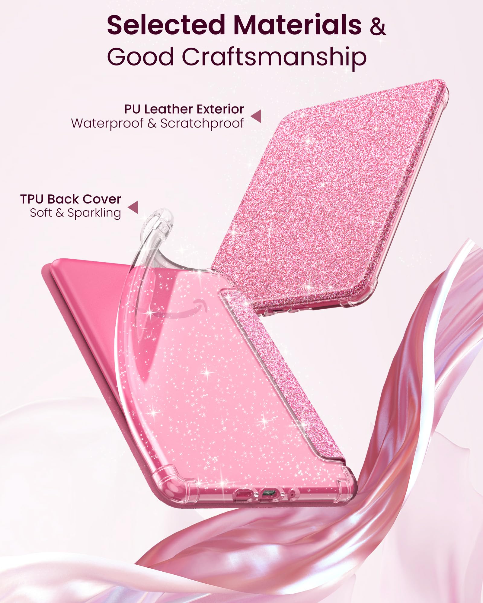 MoKo Custodia per Kindle Paperwhite 12a Gen 2025/2026 & Kindle Colorsoft 2024/2025, Copertura Posteriore TPU Trasparente Morbido Flessibile Scintillante, Glitter Rosa