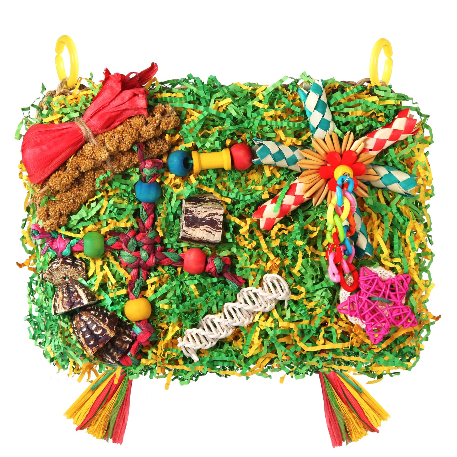 Bird Toys Parakeet Toys,Large-Sized Parrot Foraging & Shredding Cage Hanging Toys with Seagrass Mat for Budgies,Cockatiels,Lovebirds,Conures Small & Medium Parrots (Colorful with Starfruit (1PCS))