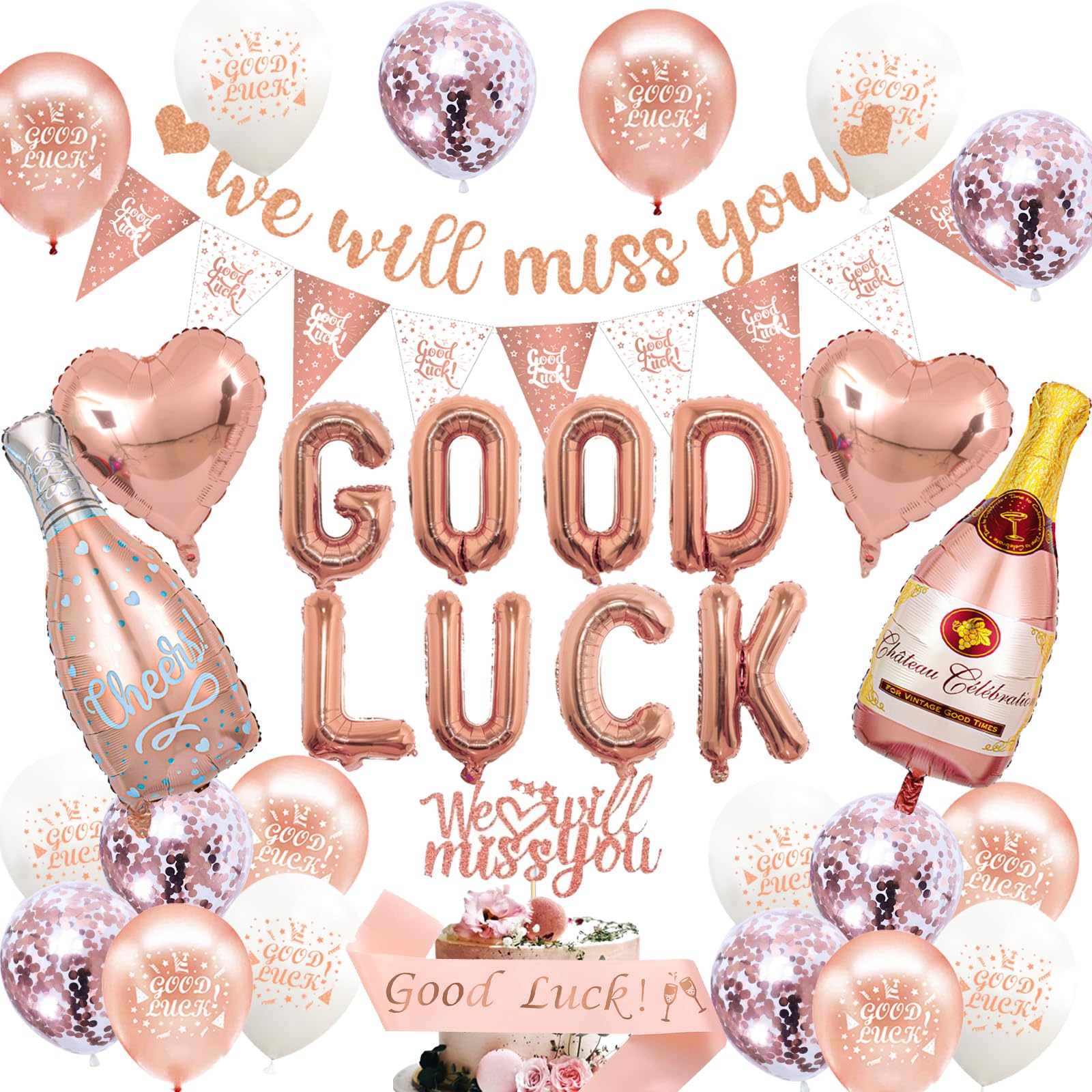 PAUBLLON We Will Miss You Banner Leaving Party Decorations with Good Luck Balloons Heart shape Balloons Triangle Flag Banner for Retirement Graduation Office Work Going Away Themed Party (Rose Gold)