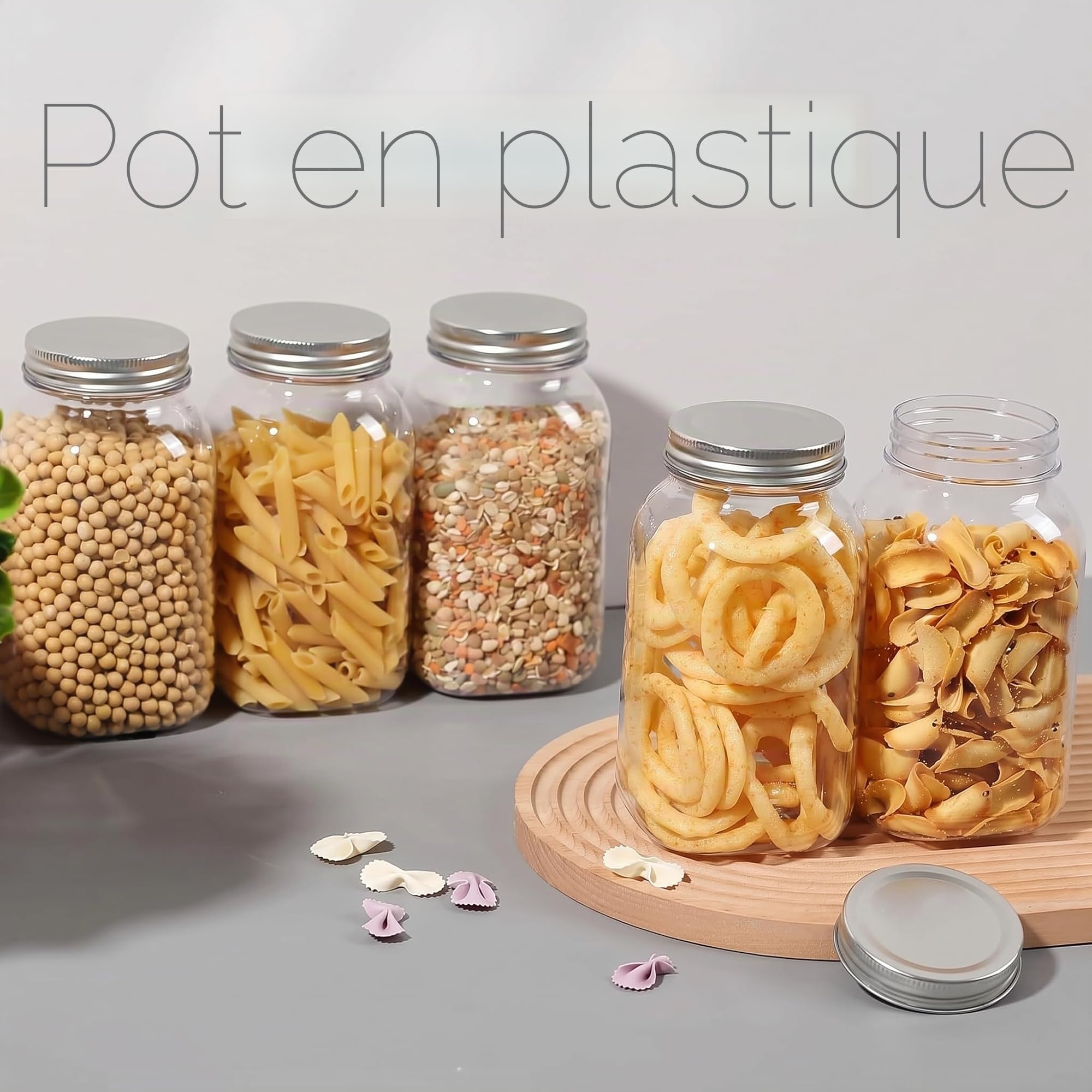 novelinks Lot de 6 bocaux hermétiques en plastique transparent sans BPA pour garde-manger, épices, collations, cuisine et salle de bain, 946,2 g (argent)