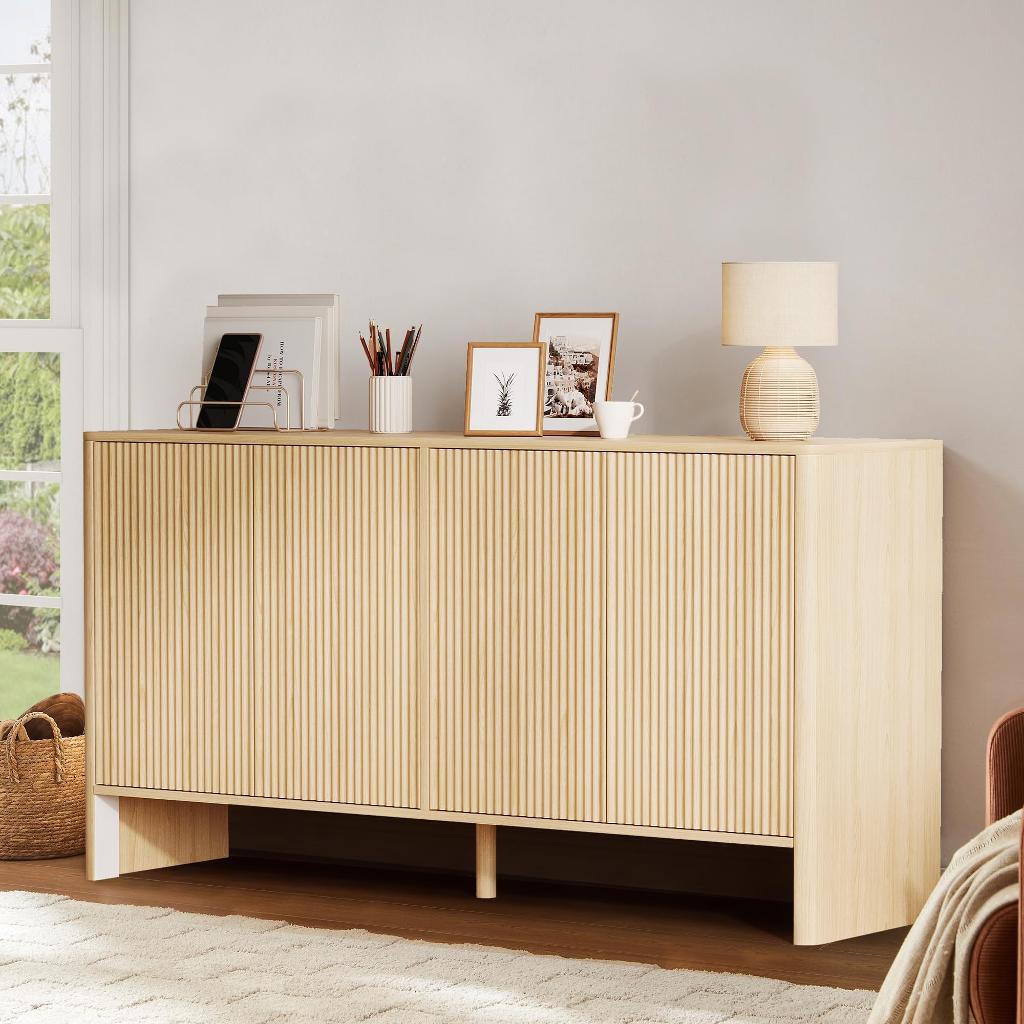 Takywep 58" Fluted Buffet Cabinet Sideboard with Storage, Large Credenza with 4 Doors, Wood Mid Century Modern Sideboard for Kitchen and Living Room, Natural
