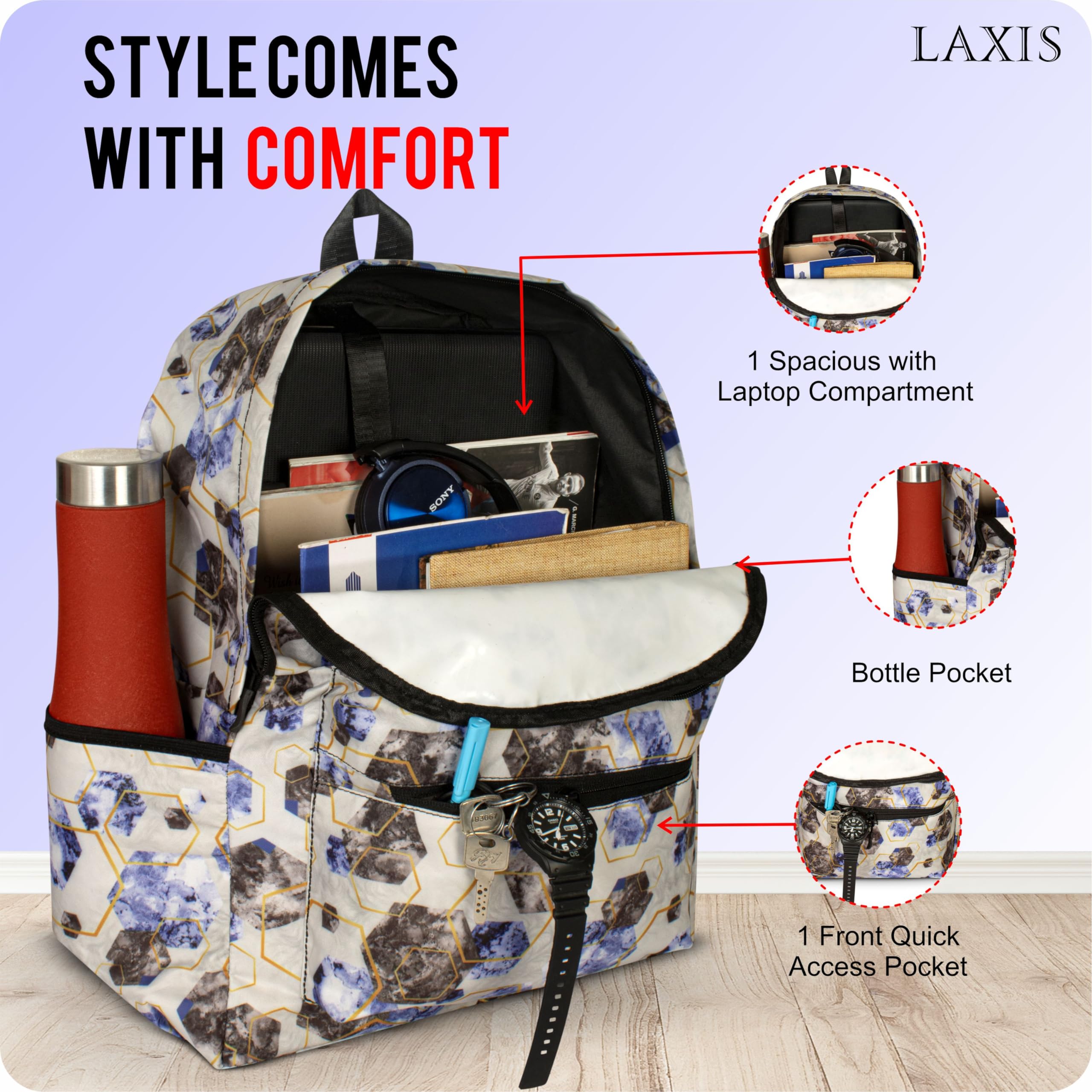 LAXIS HOMFIL Brand School Backpack Compatible For Upto 15" Laptop For Men & Women With Bottle Pocket, Quick Access Pocket, Padded Shoulder Adjustable Straps, Water Resistance (White Hexagon) 2