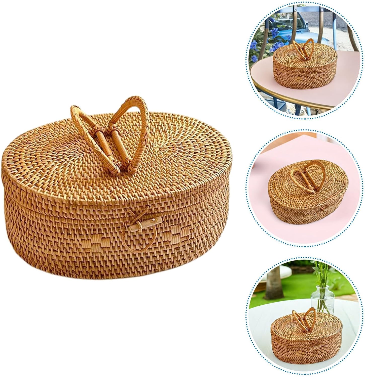 Rattan Basket with Handle and Lid, Hand-Woven Oval Seagrass Picnic Storage Box 30x22x12cm, Portable Outdoor Snack Organizer for Picnic and Home Use