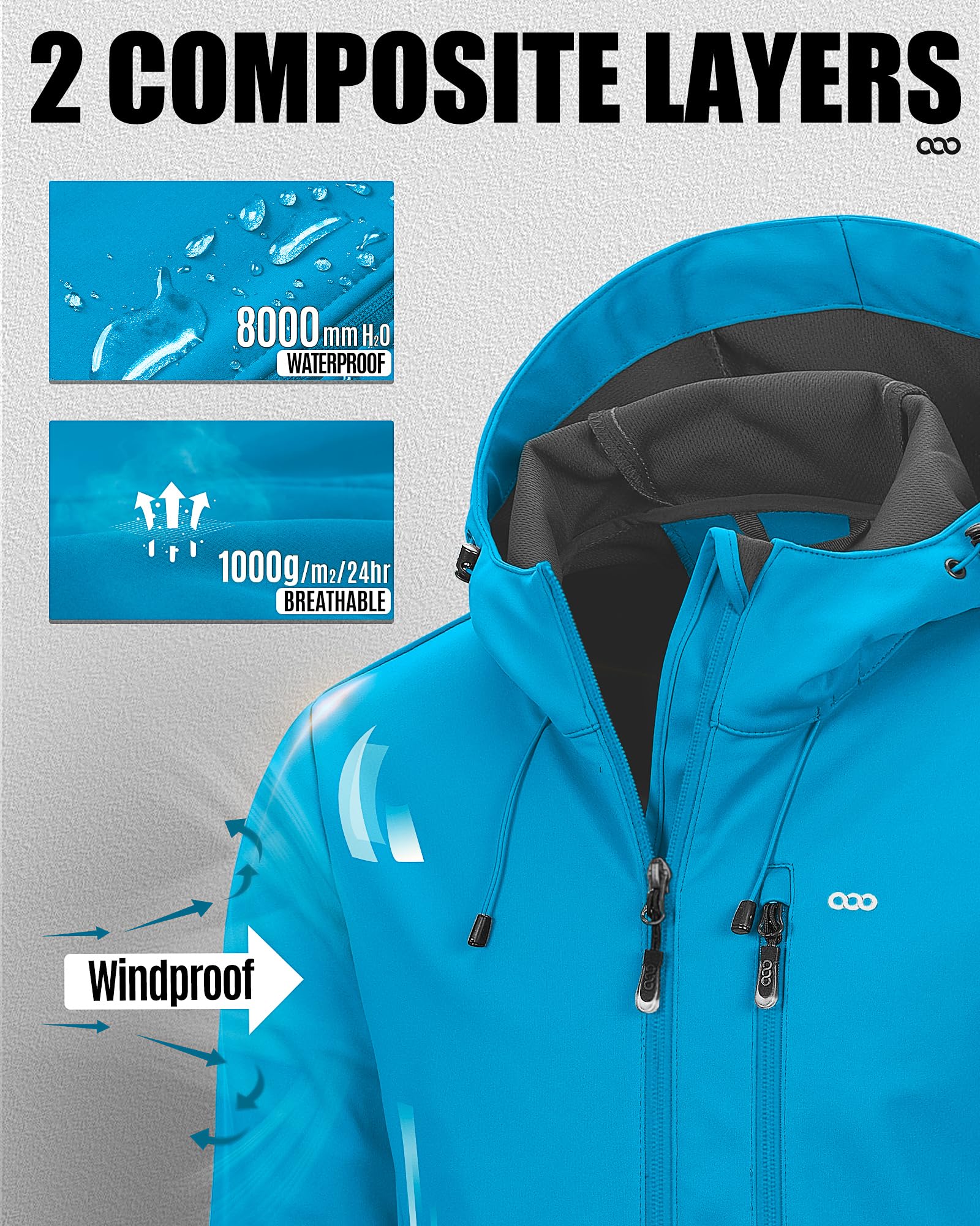 33,000ft Chaqueta softshell para hombre, resistente al agua, resistente al viento, transpirable, chaqueta de entretiempo ligera, con capucha, cortavientos para correr, ciclismo