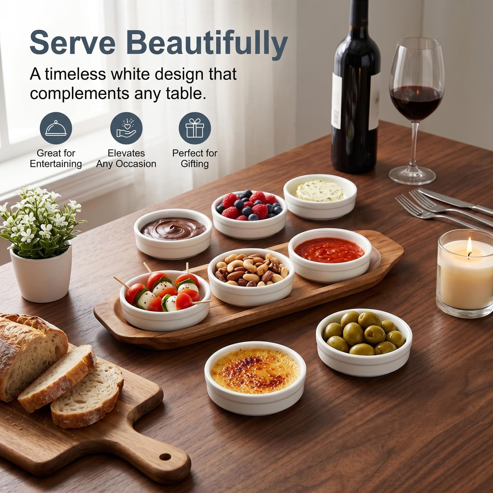 ONEMORE Creme Brulee Ramekins - Platos de cerámica para hornear de 4 onzas, juego de ramequines aptos para horno, tazas pequeñas de porcelana para soufflé, natillas, salsa de inmersión, utensilios de
