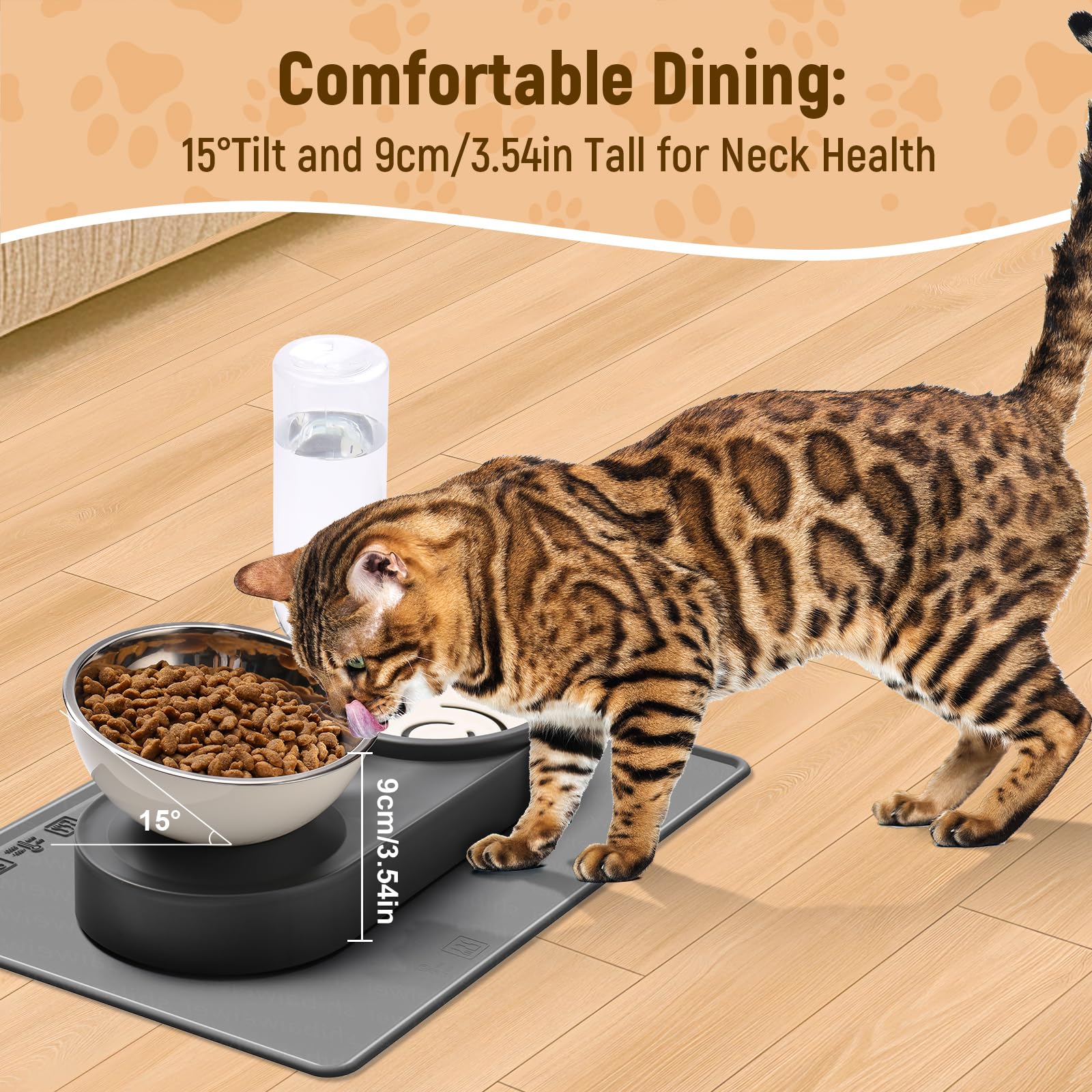 Comedero Elevado Para Gatos Con Soporte Inclinado 15° - Acero Inoxidable + Botella Agua 500ml + Alfombrilla Silicona