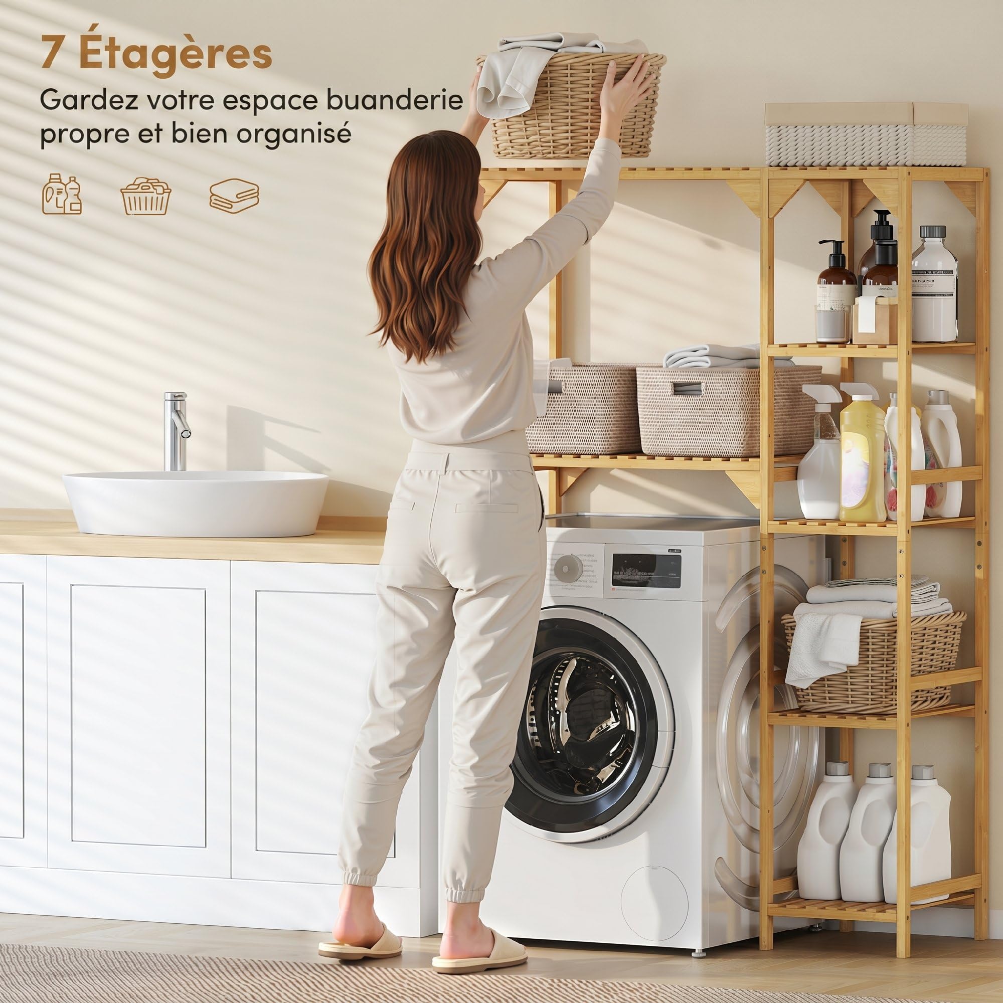HOMCOM Étagère au-Dessus de Machine à Laver en Bambou, Meuble de Salle de Bain Moderne avec Étagères Réversibles, Meuble de Rangement pour Buanderie, Salle de Bain, Bois Naturel