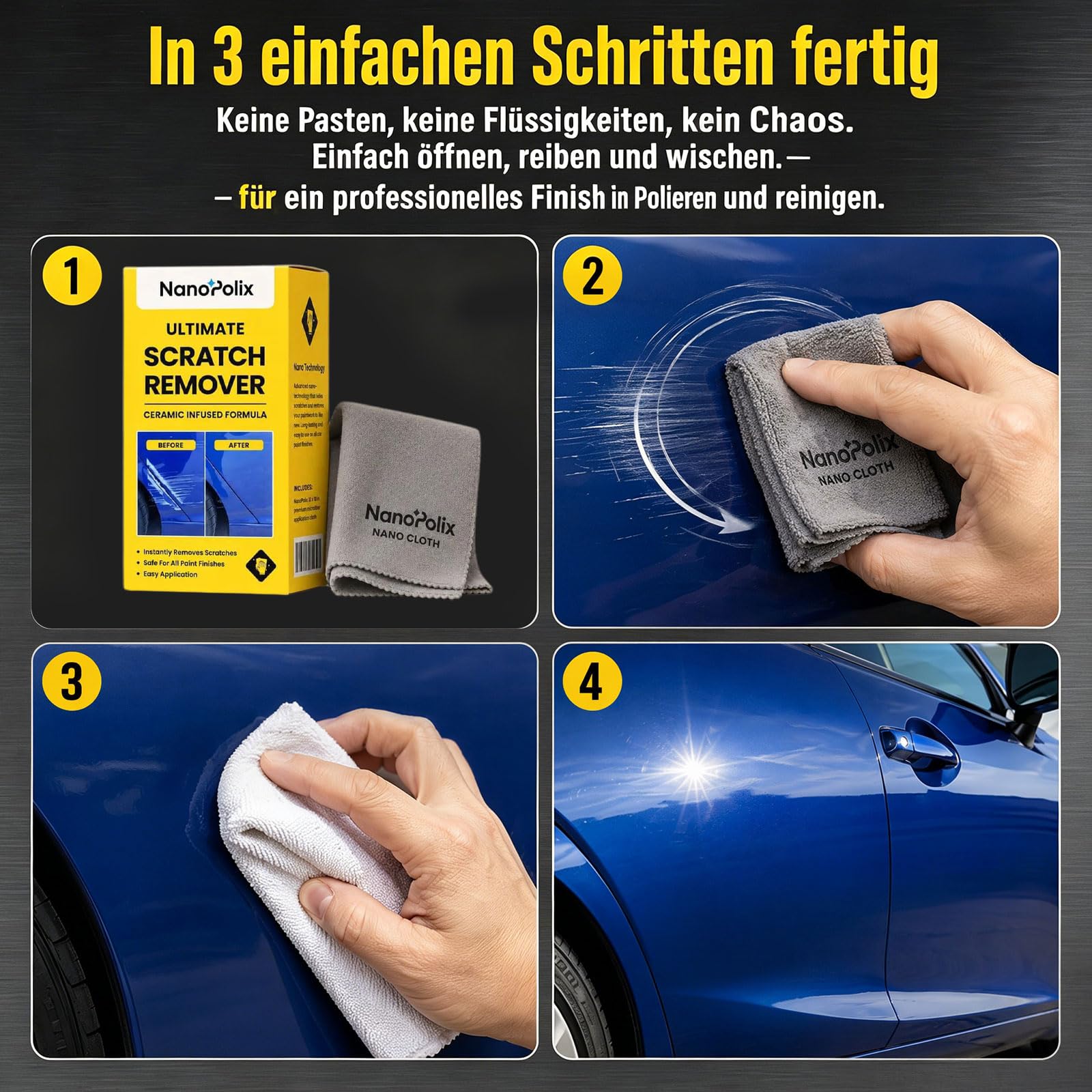 NanoPolix Tuch 2 Stück, Nano Polix Kratzerentferner Tuch, Nanopolix Scratch Remover Auto, Nano Polix Kratzerreparatur, Glanzwiederherstellung und Lackpflege für alle Lackfarben