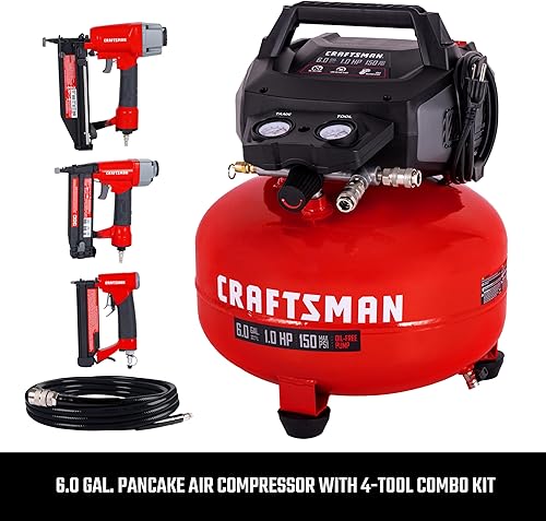 Miniatura 8 de Craftsman Compresor de aire para panqueques de 6 galones, kit combinado de 4 herramientas, 150 PSI, sin aceite, incluye clavadora de acabado 16GA,