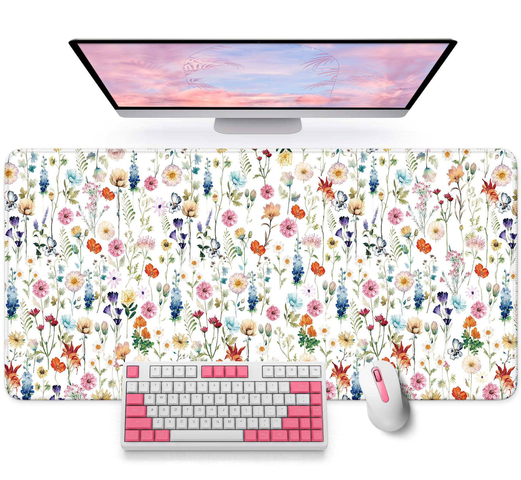 Large Mouse Pad for Desktop, Cute Desk Mat Pad Protector for Work & Gaming, Aesthetic Pretty Anti-Slip Laptop Blotter Cover for Office School Home Supplies, Wildflowers, 35.4" x 15.7"