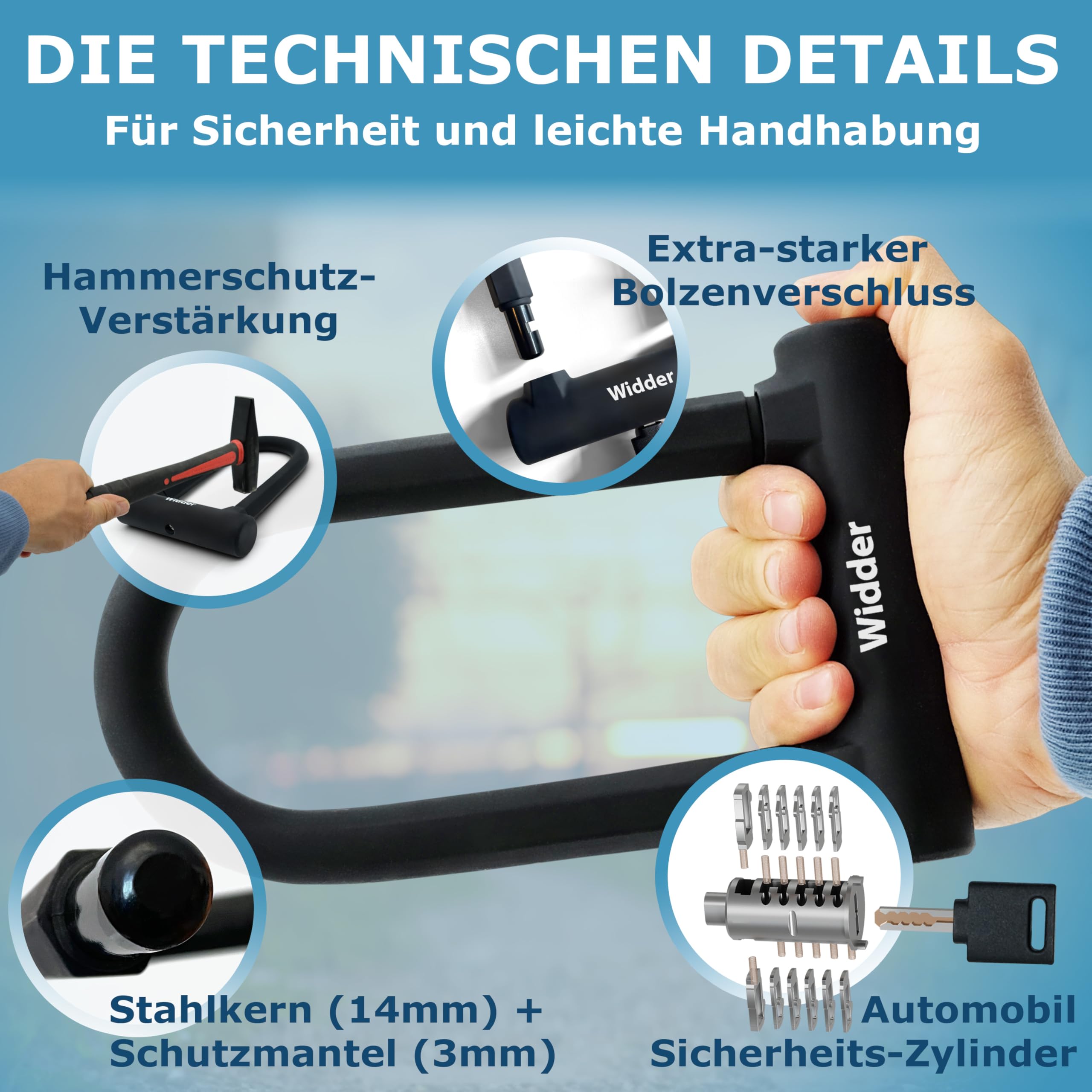 WIDDER kleines Bügelschloss Fahrrad [Hochsicherheitsschloss nur 800g] – 14mm Massiv Stahl Bügel – Fahrradschloss hohe Sicherheit – Halterung & 3 Schlüssel, e Bike Lock e Scooter U Lock Rennrad Schloss